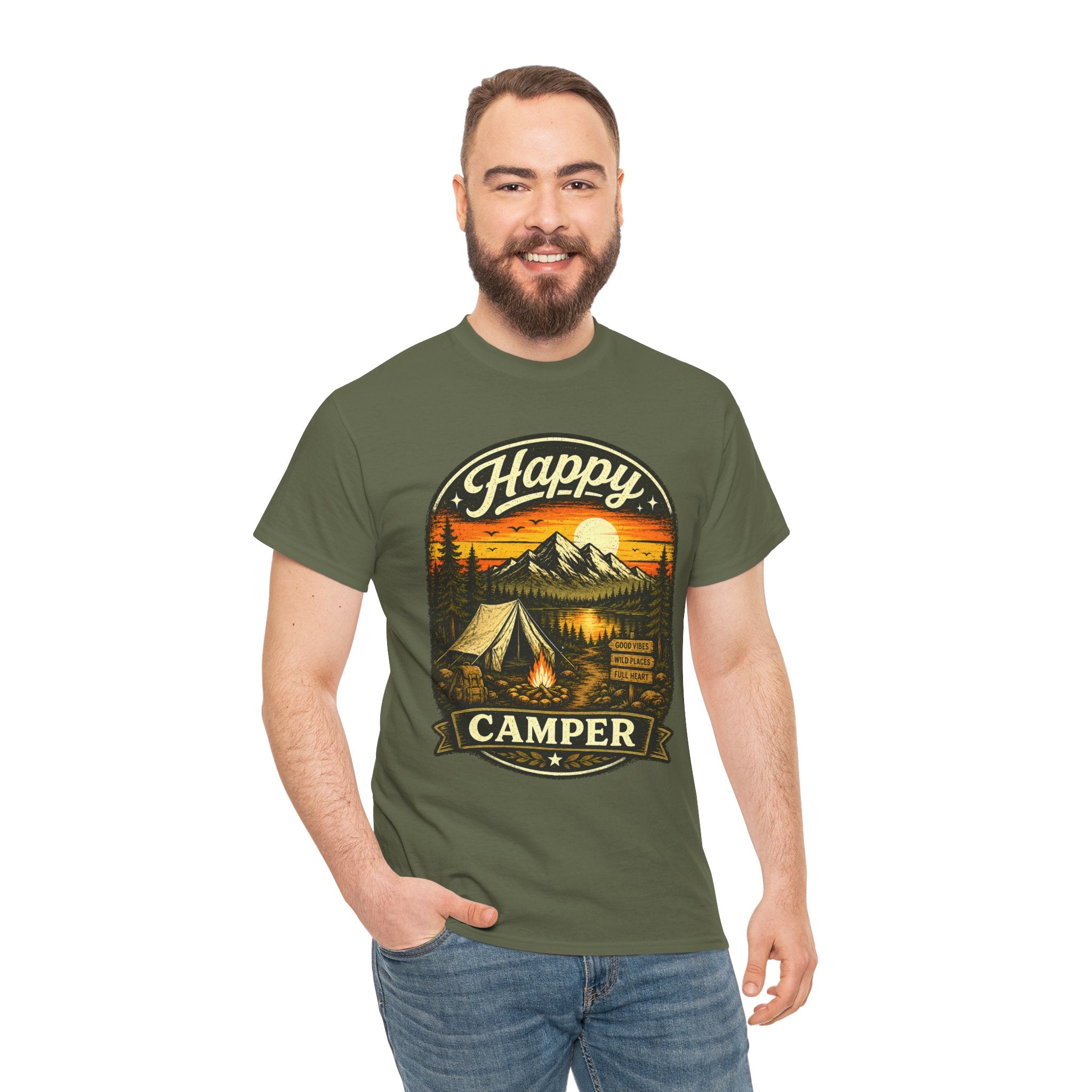 Happy Camper T Shirt – Vintage Camping Graphic Tee for Hikers & Outdoor Adventure Lovers