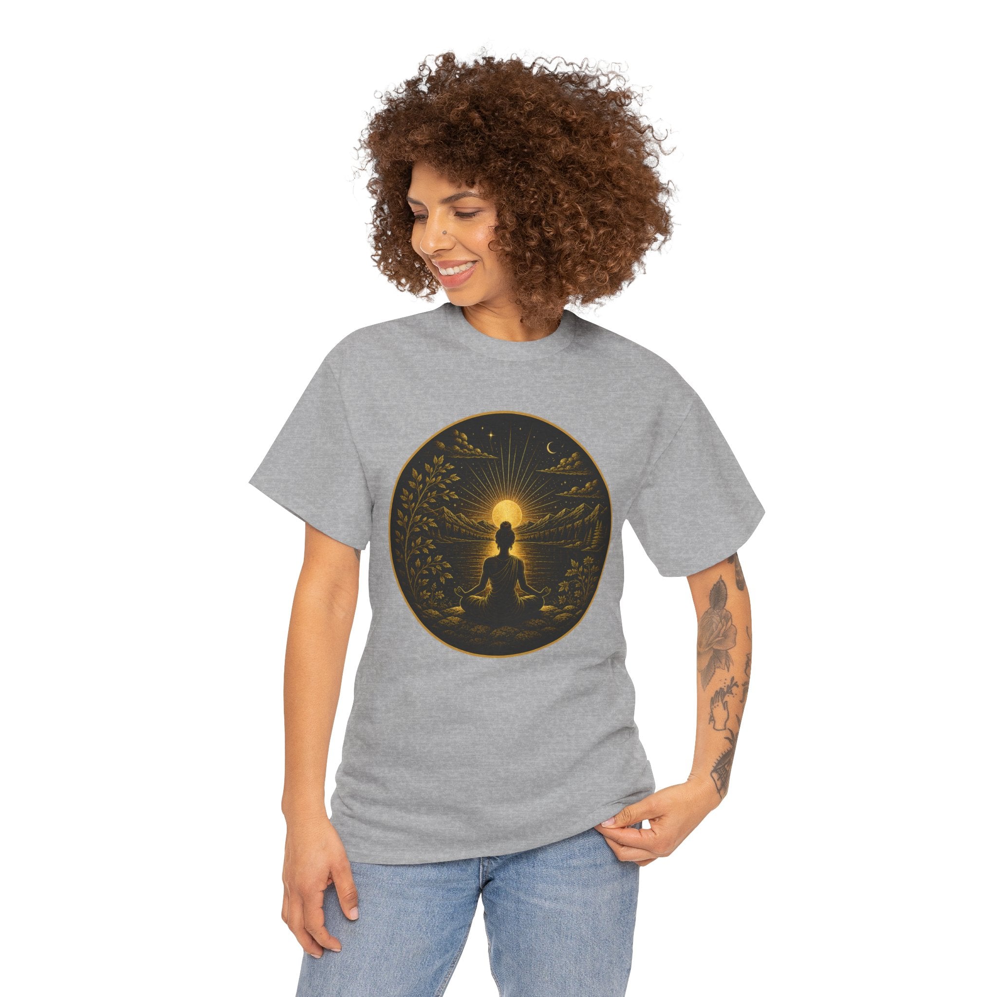 Inner Peace Outer Balance Meditation Illustration T-Shirt – Silhouette Sunrise Graphic Tee