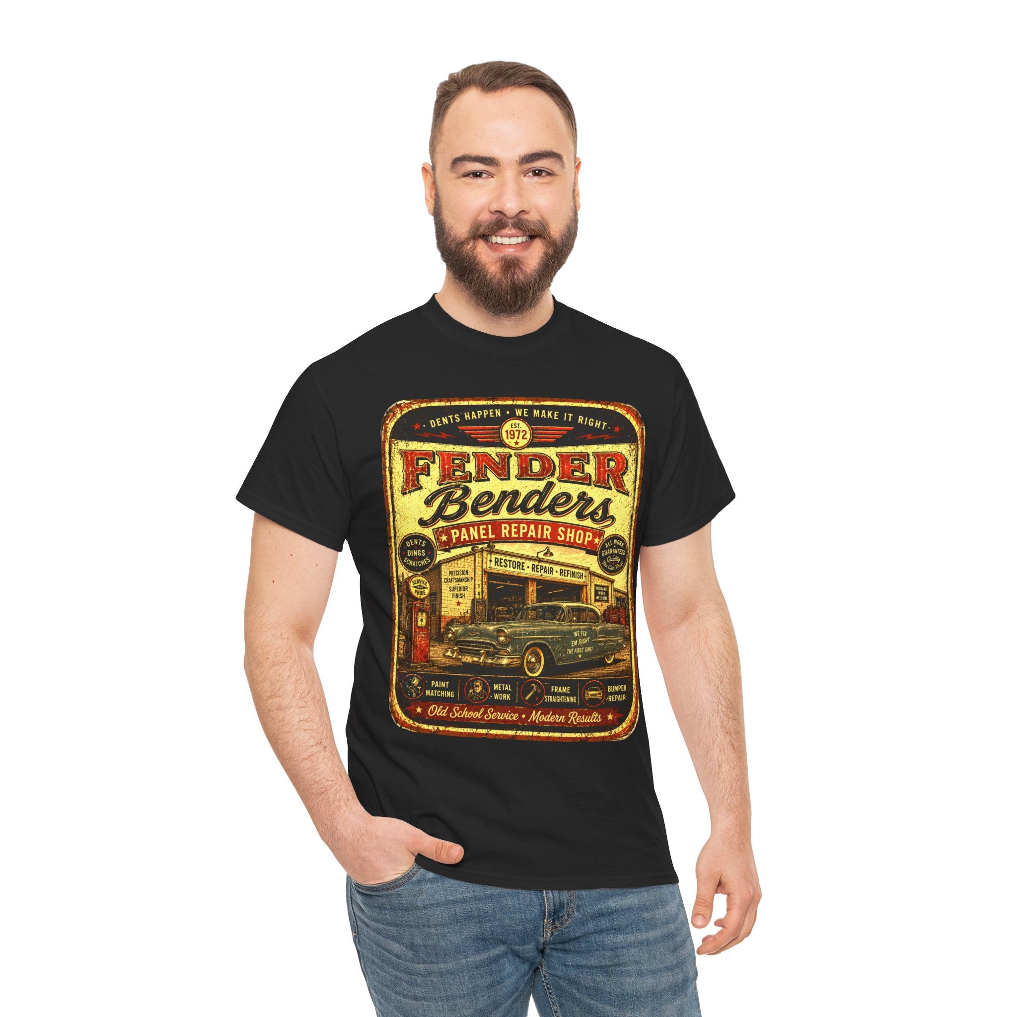 Fender Benders Vintage Panel Repair Shop T-Shirt – Retro Auto Mechanic Garage Graphic Tee