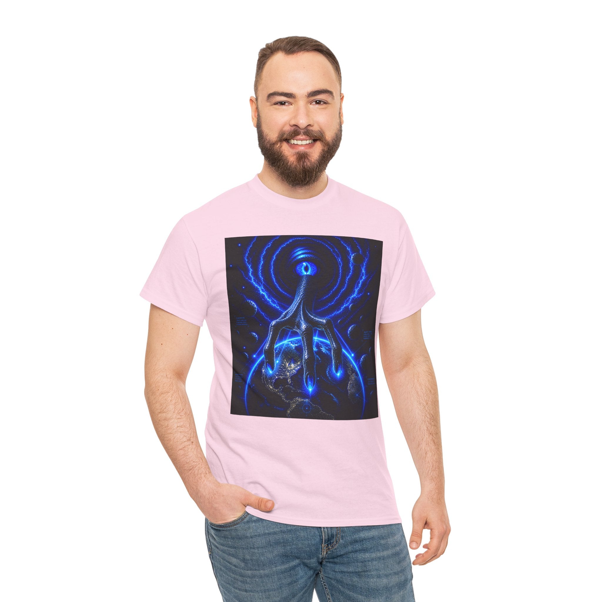 Sci Fi Cosmic Alien Hand T Shirt – Neon Blue Vision Graphic Tee