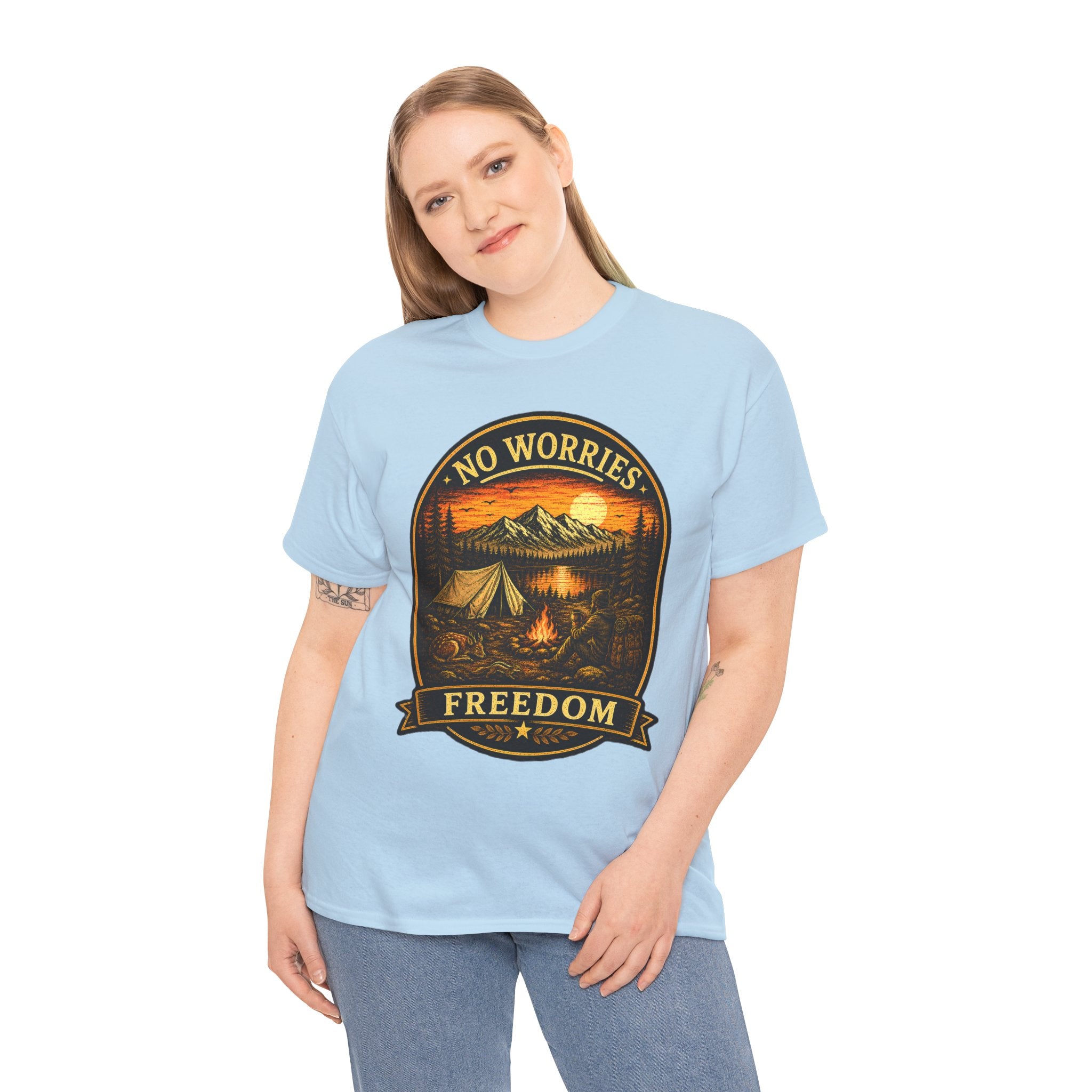 No Worries Freedom Camping T Shirt – Vintage Mountain Campfire Outdoor Graphic Tee