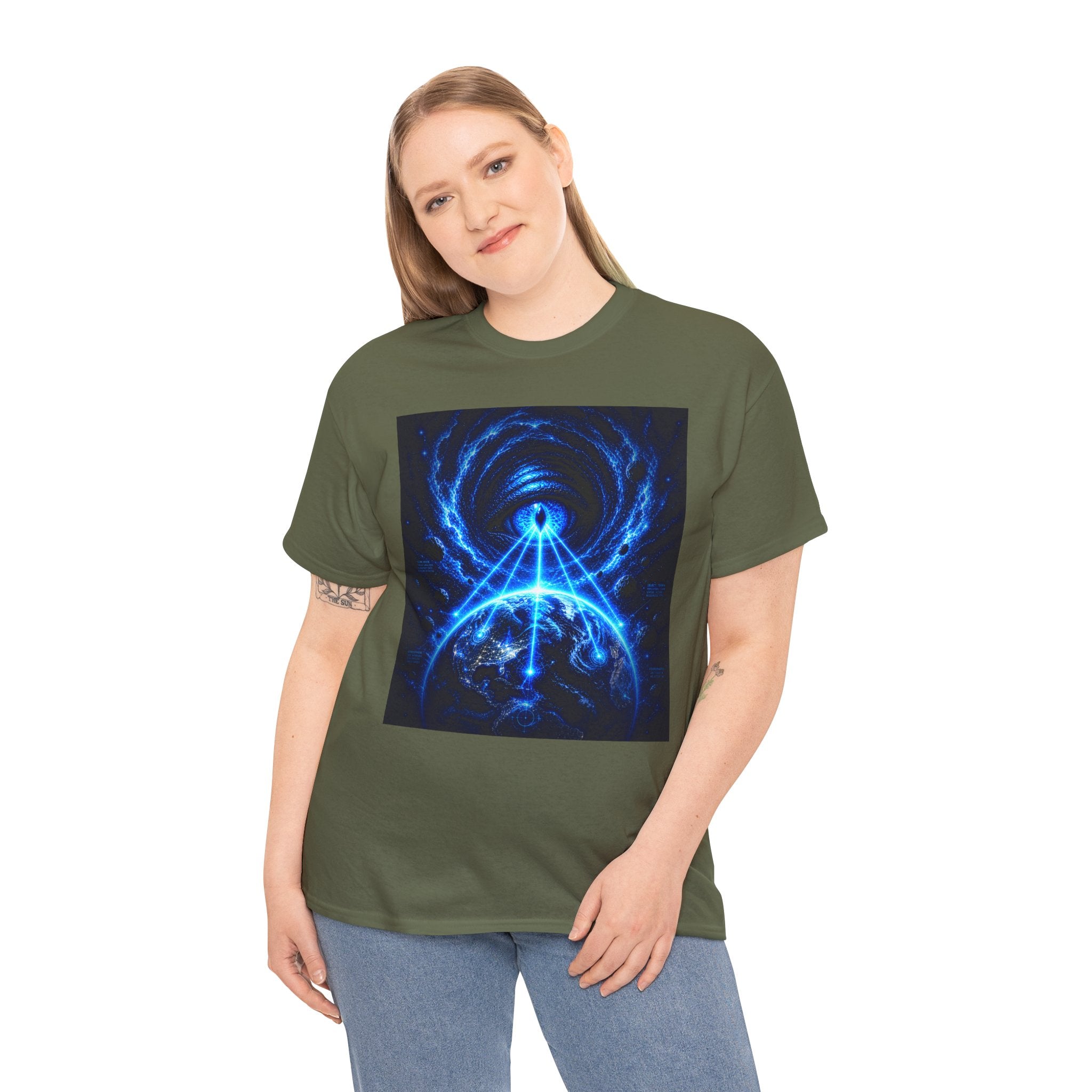 Sci Fi Cosmic Alien Scanning Eye T Shirt – Electric Blue Arcane Symbol Graphic Tee