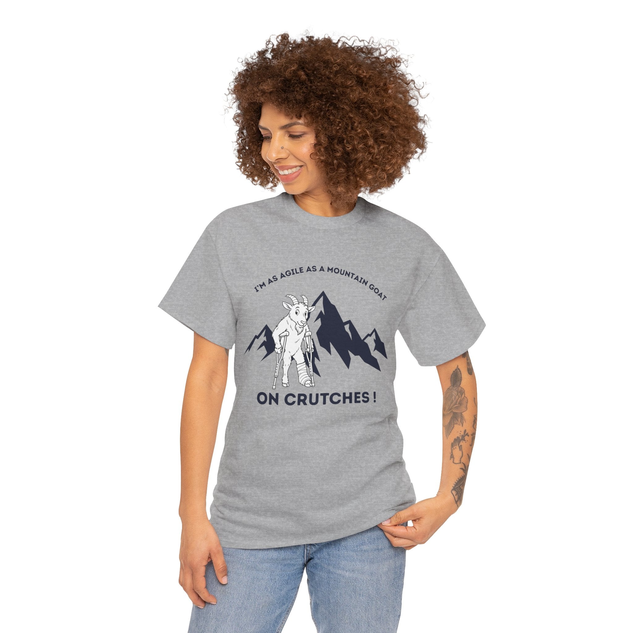 Funny Mountain Goat On Crutches T Shirt – Hiking Recovery Graphic Tee for Campers & Outdoor Lovers