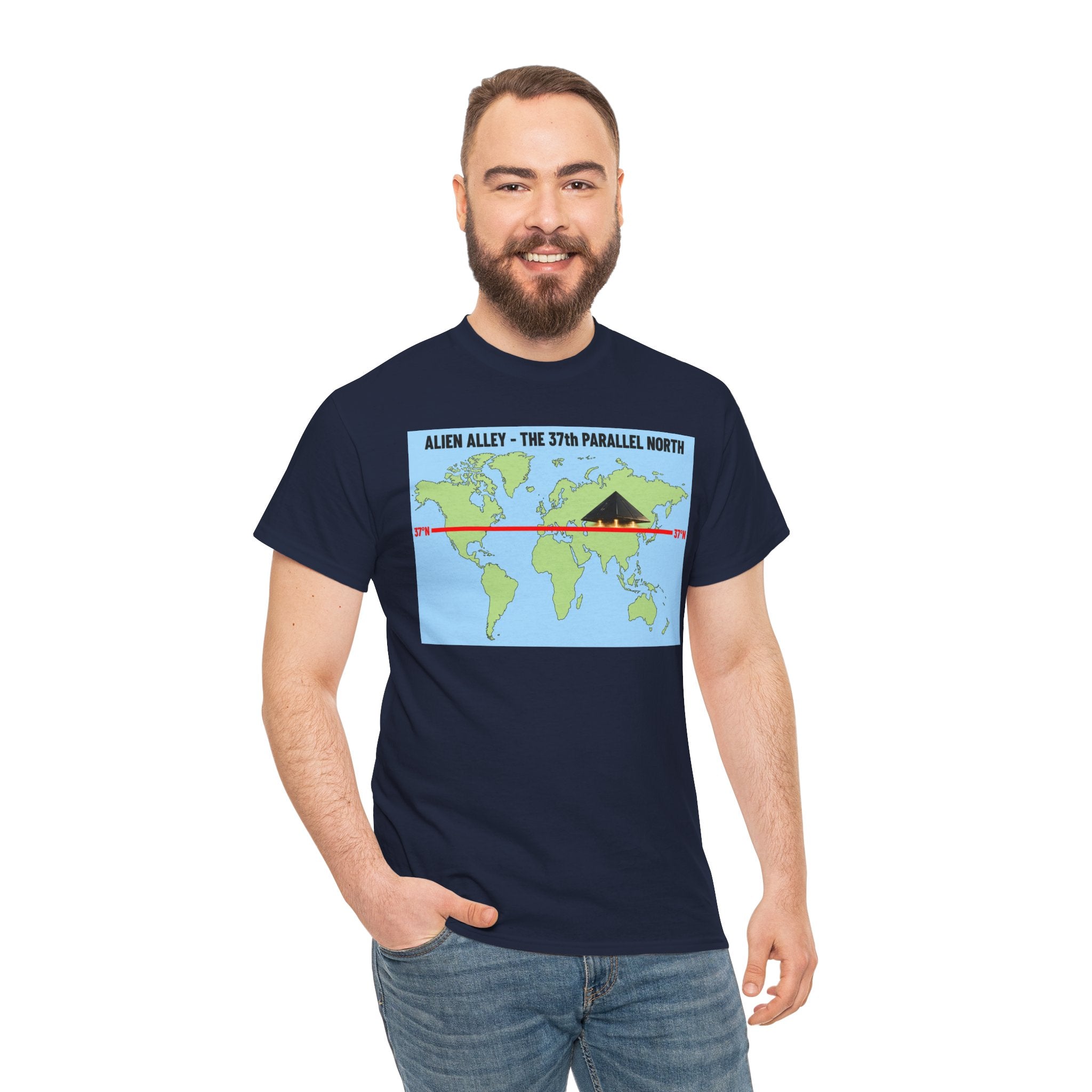 Alien Alley 37th Parallel North T-Shirt – Ancient Aliens UFO World Map Graphic Tee