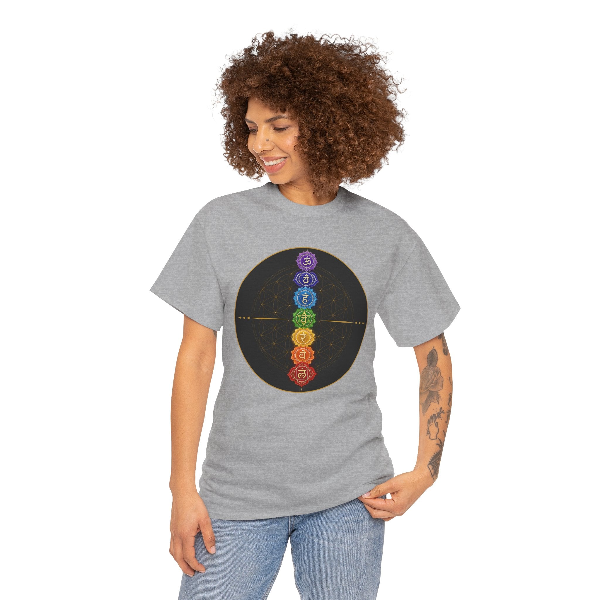 Root To Crown Chakra Illustrated T-Shirt – Sacred Geometry Energy Alignment Graphic Tee