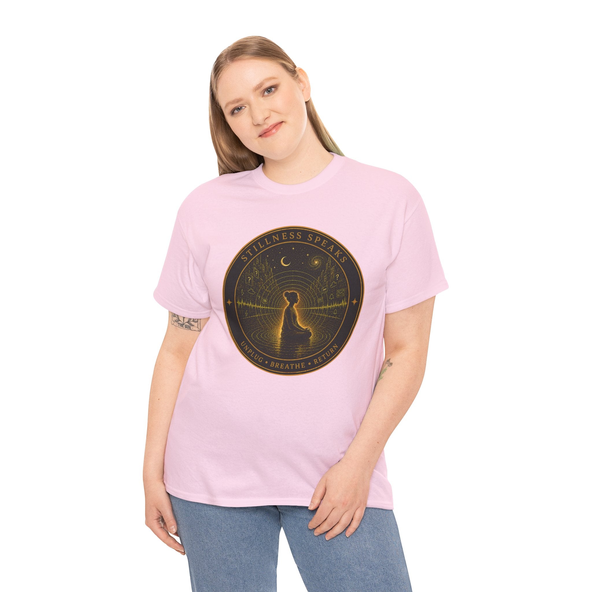 Stillness Speaks Badge T-Shirt – Digital Detox Meditation Graphic Tee