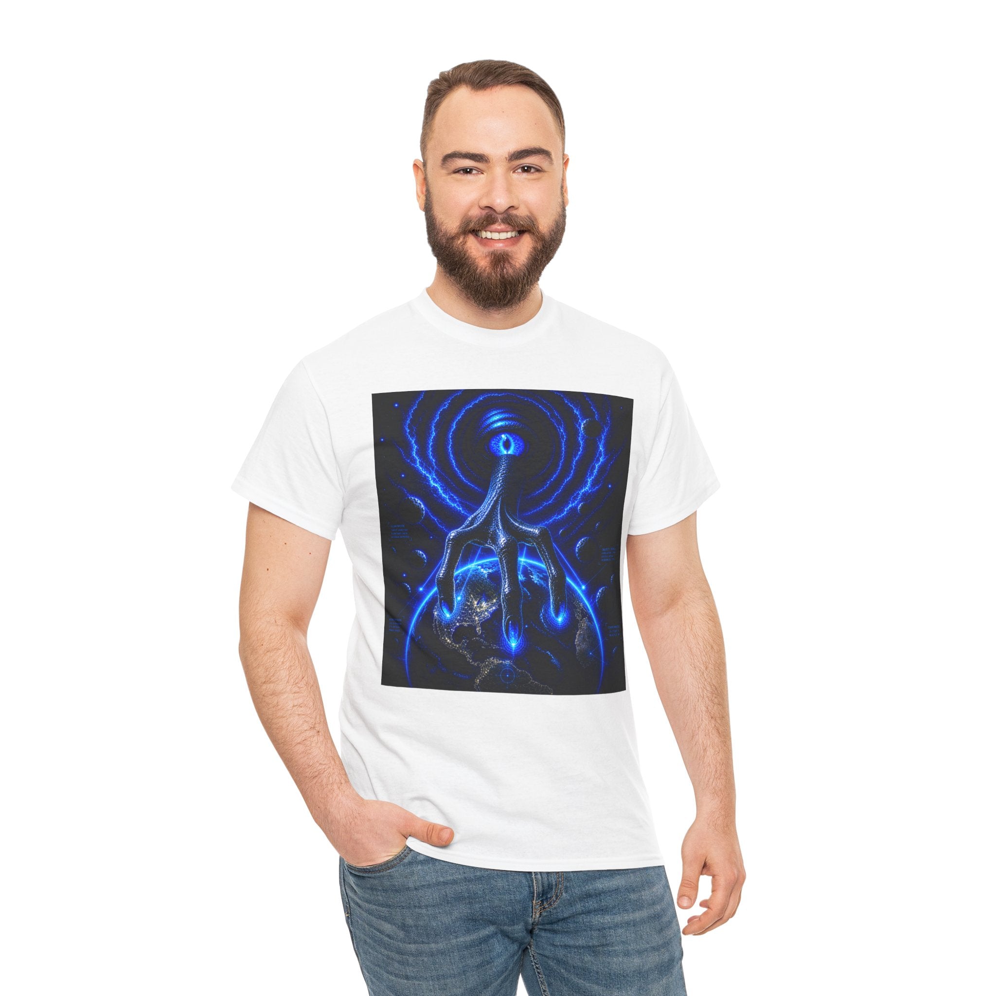 Sci Fi Cosmic Alien Hand T Shirt – Neon Blue Vision Graphic Tee