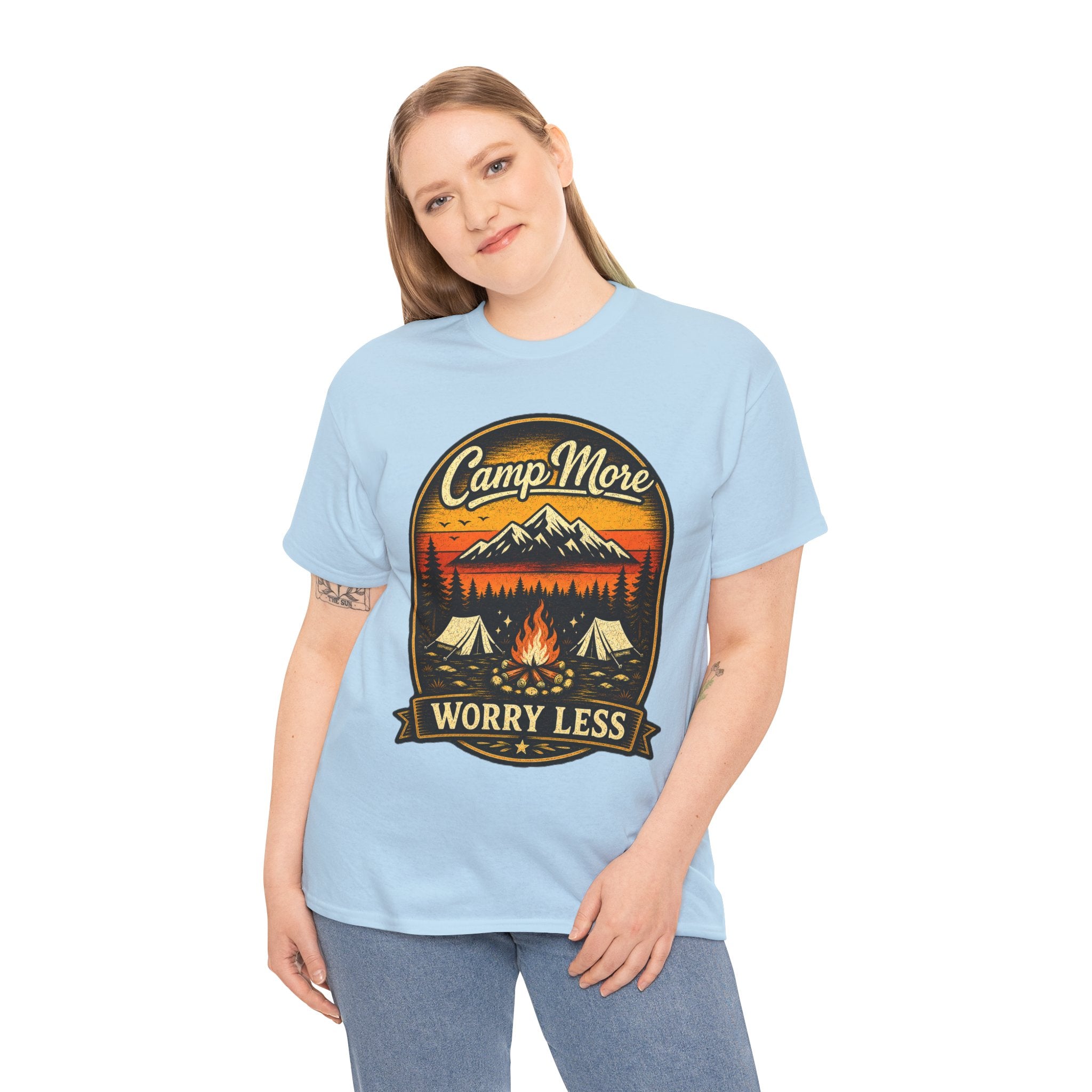 Camp More Worry Less T Shirt – Vintage Camping Graphic Tee for Hikers & Outdoor Lovers