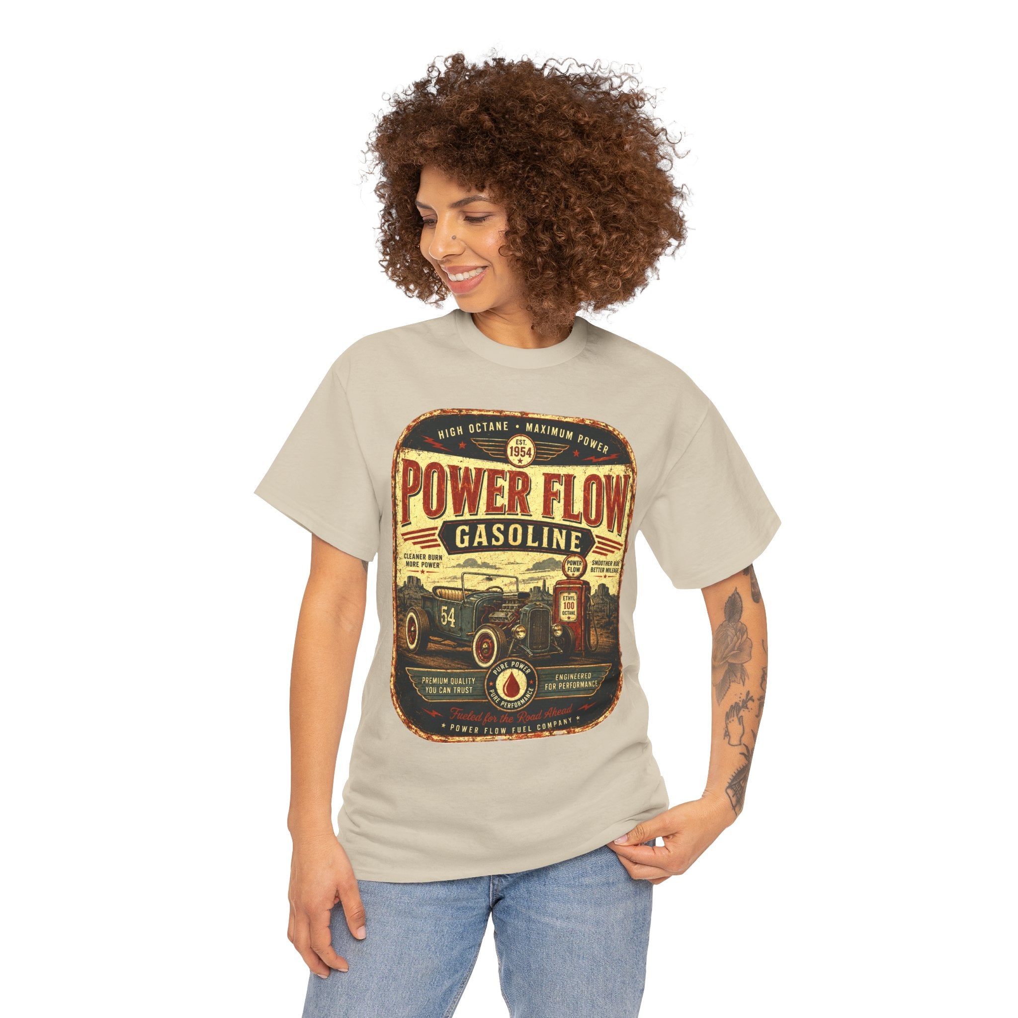 Power Flow Gasoline Vintage Hot Rod T-Shirt – Retro Gas Station Automotive Graphic Tee for Car Lovers
