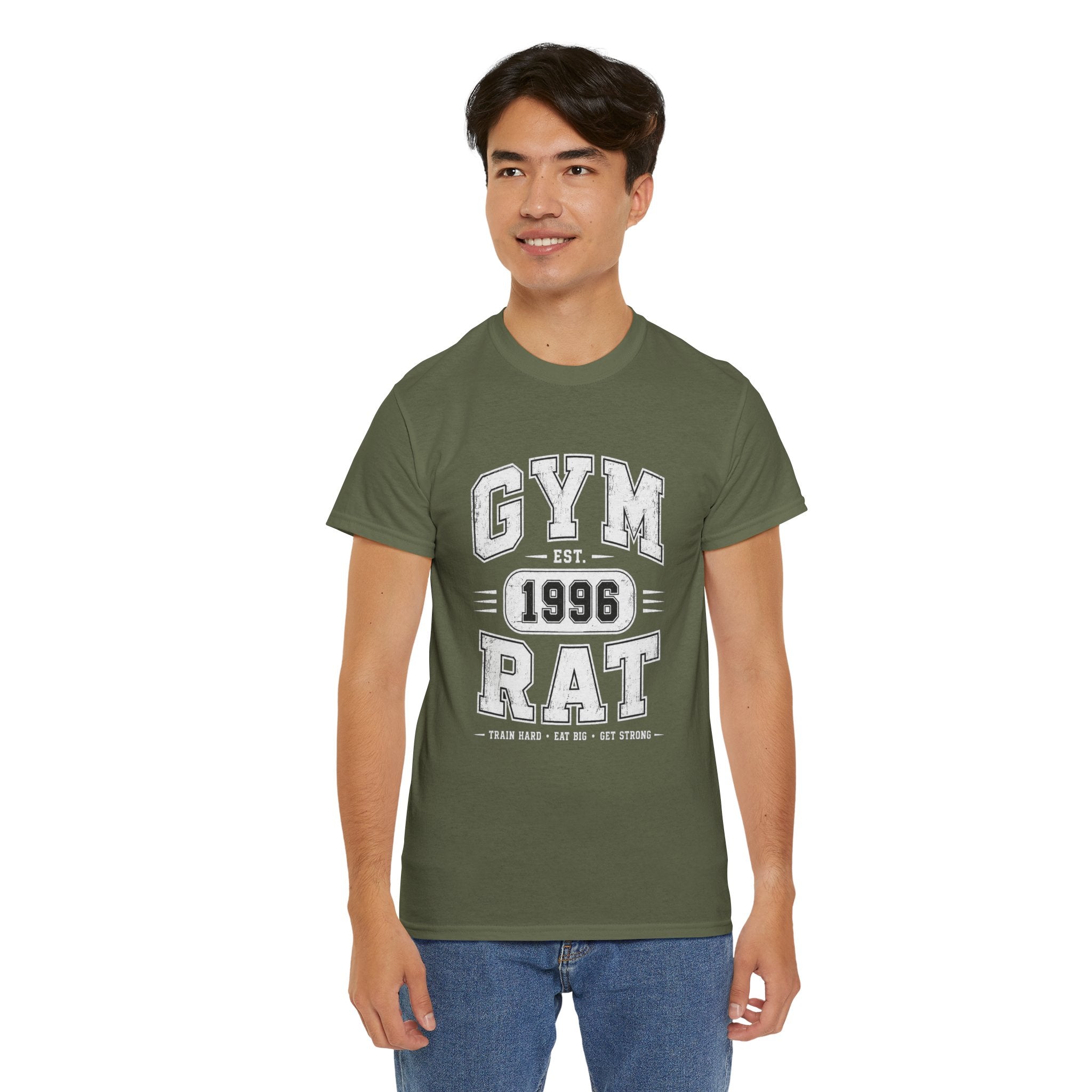 Gym Rat Est. 1996 T-Shirt Dark – Vintage Collegiate Gym Graphic Tee | Train Hard Eat Big Get Strong