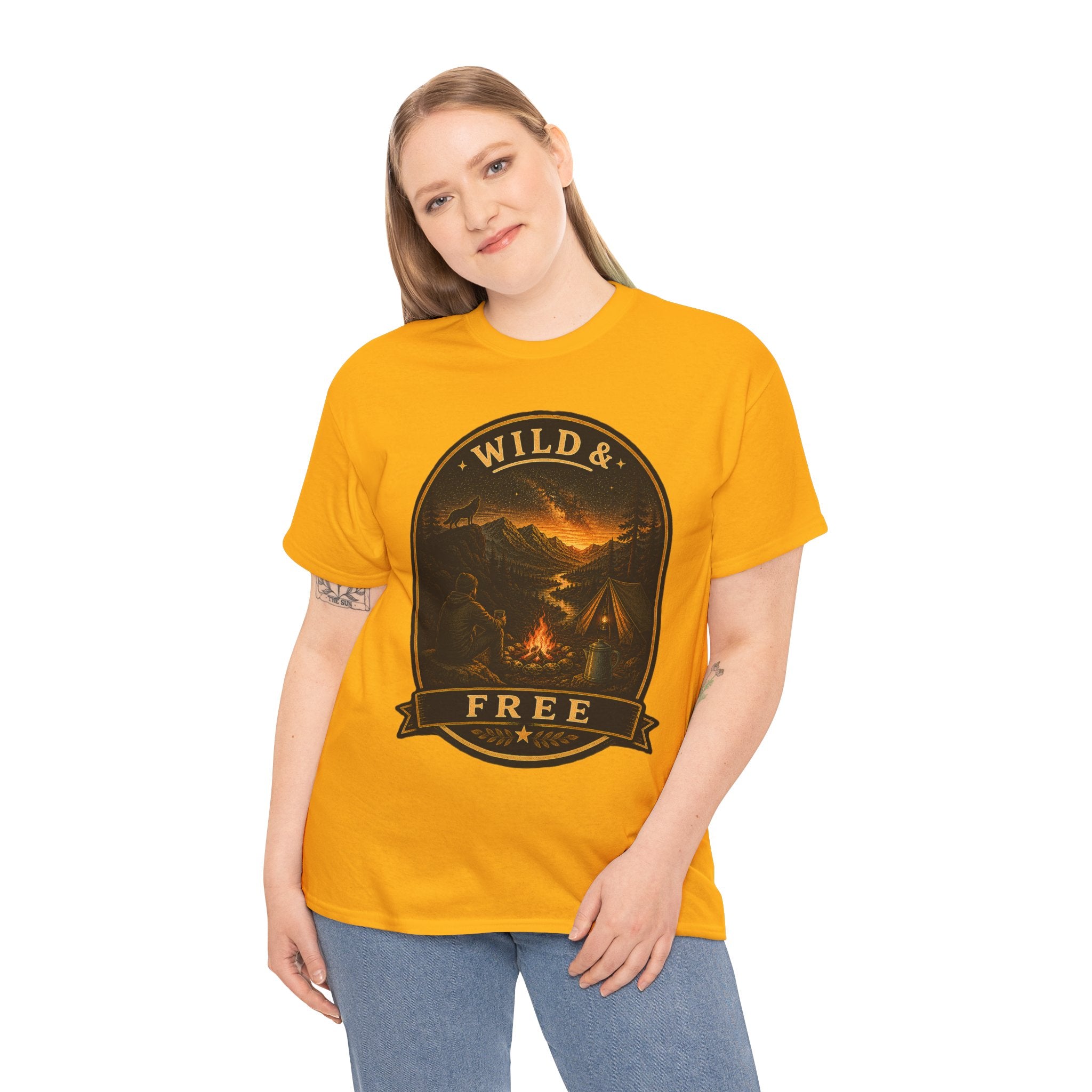 Wild & Free Camping T Shirt – Vintage Outdoor Adventure Graphic Tee with Campfire & Mountain Design