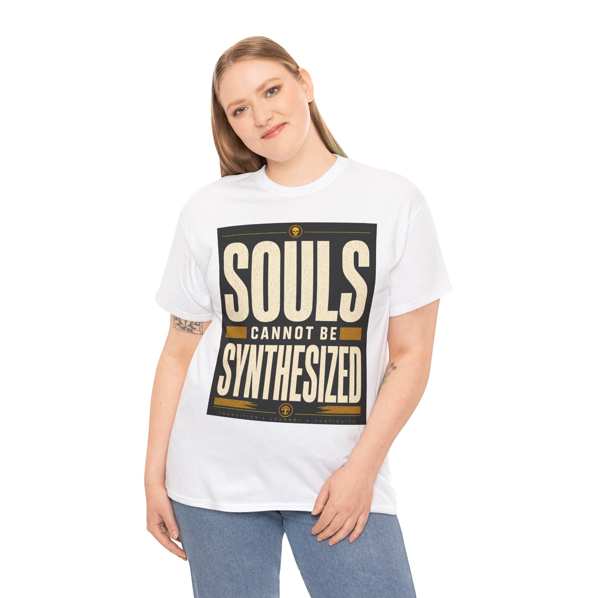 Souls Cannot Be Synthesized T Shirt – Retro Philosophical AI Quote Graphic Tee