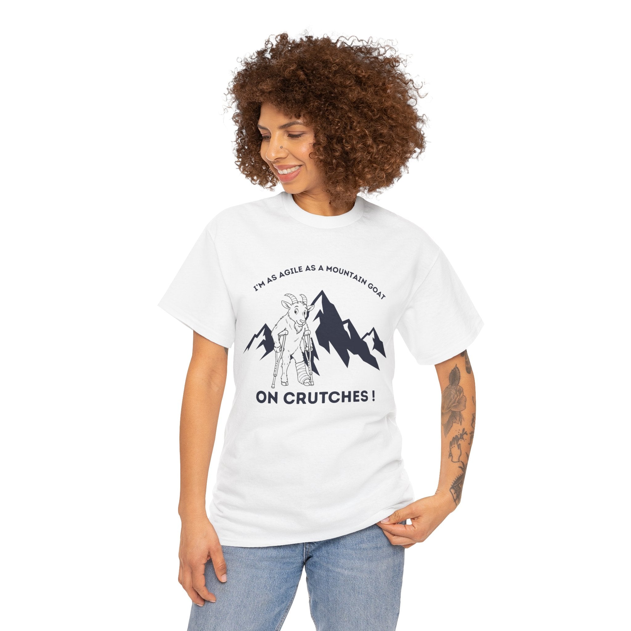 Funny Mountain Goat On Crutches T Shirt – Hiking Recovery Graphic Tee for Campers & Outdoor Lovers