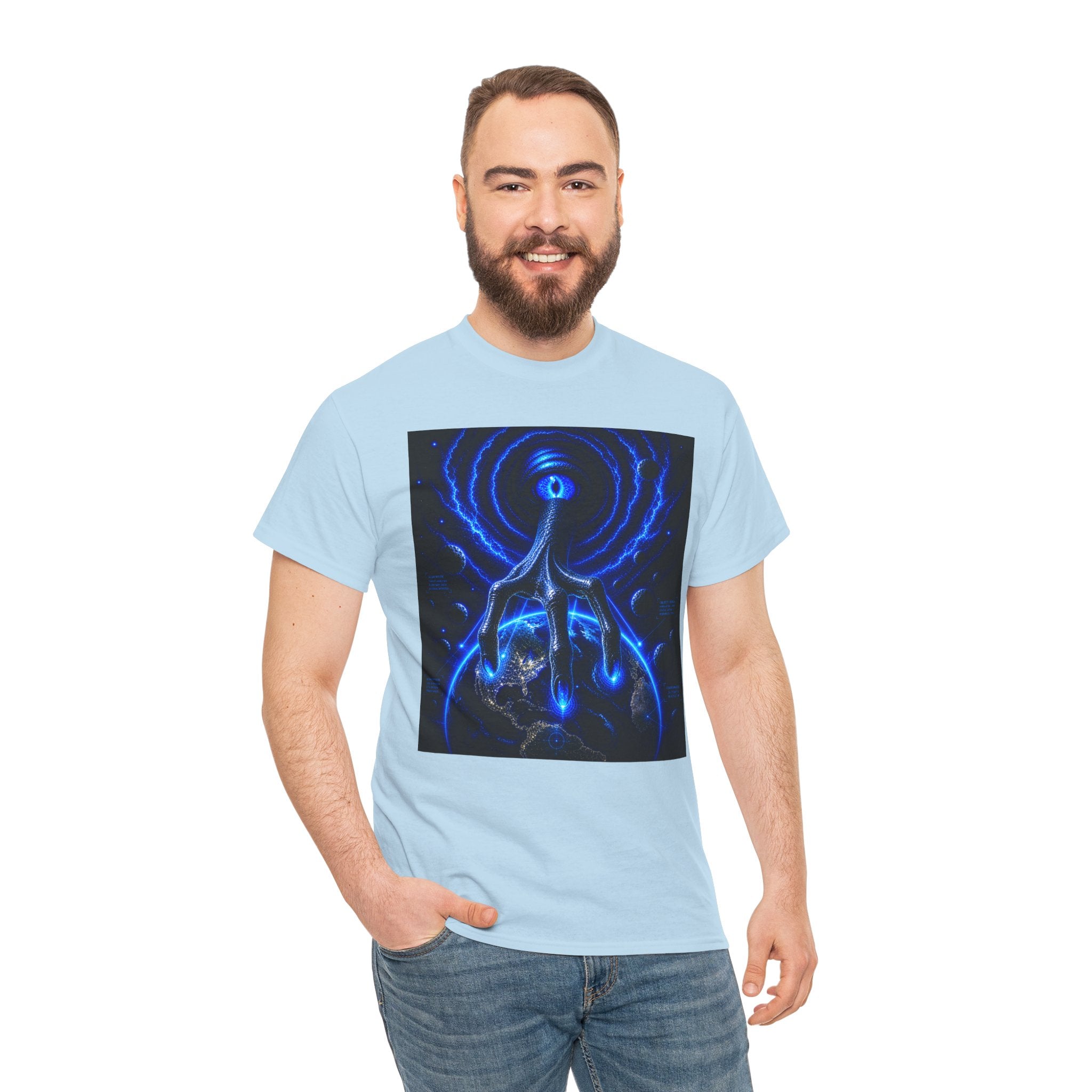 Sci Fi Cosmic Alien Hand T Shirt – Neon Blue Vision Graphic Tee