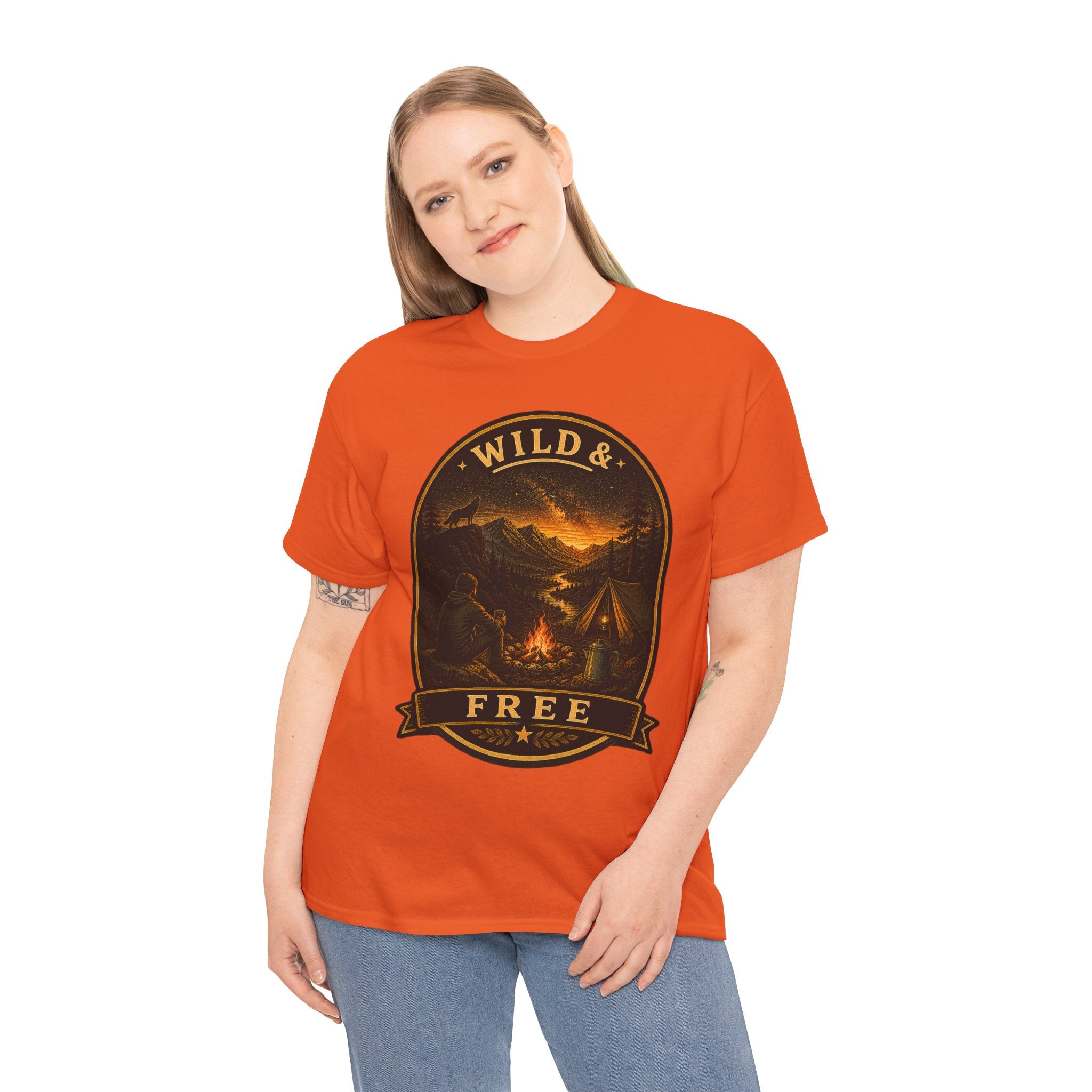 Wild & Free Camping T Shirt – Vintage Outdoor Adventure Graphic Tee with Campfire & Mountain Design