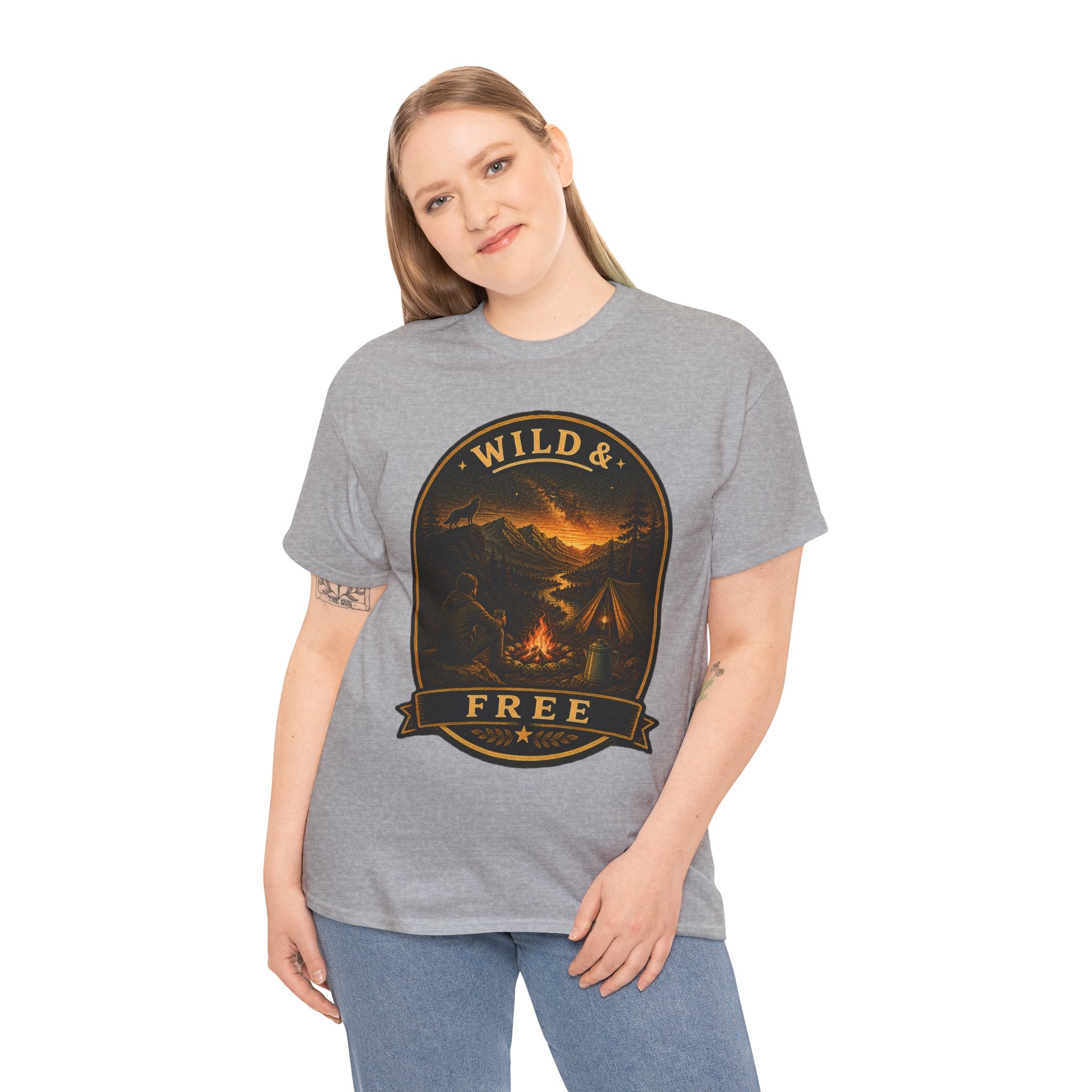 Wild & Free Camping T Shirt – Vintage Outdoor Adventure Graphic Tee with Campfire & Mountain Design