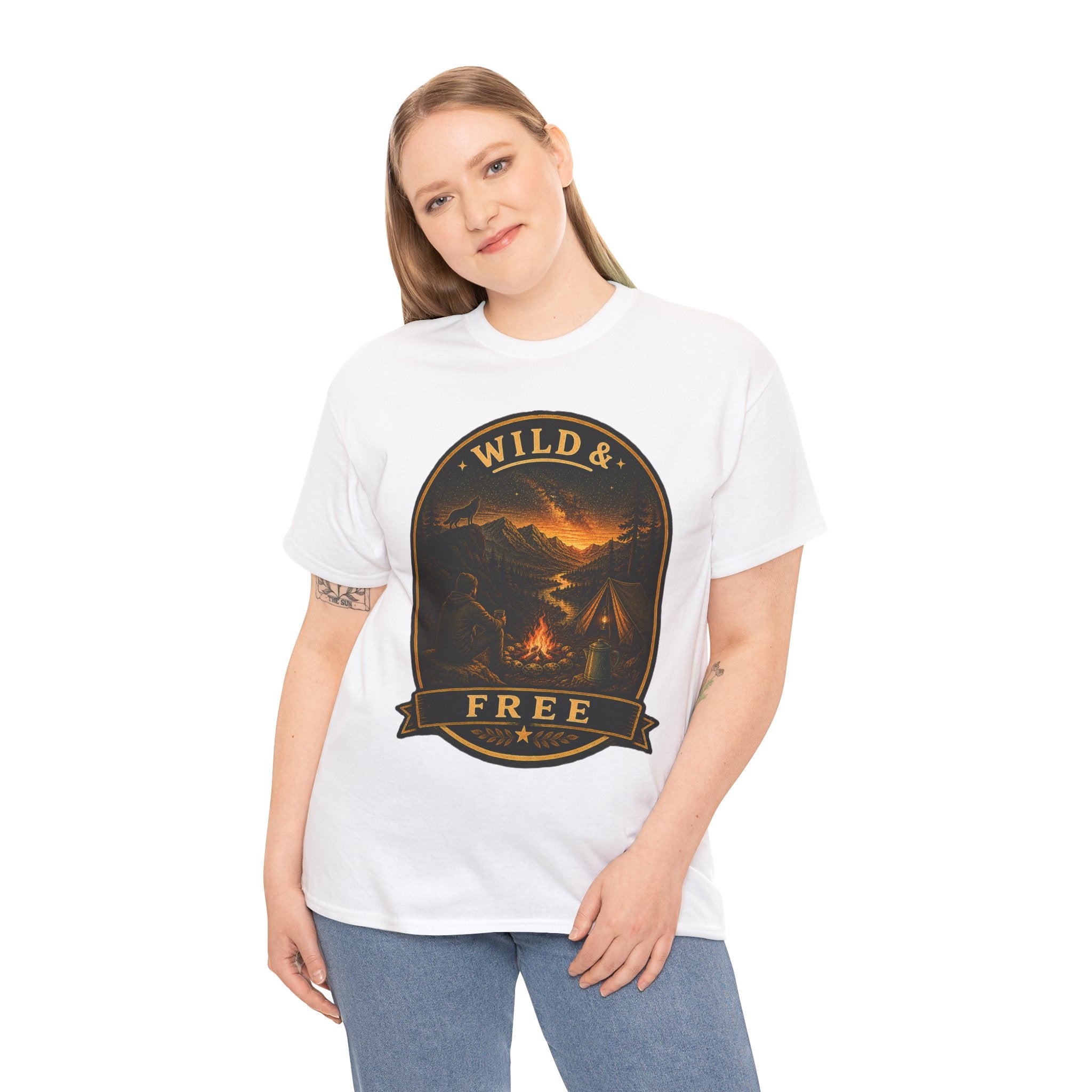 Wild & Free Camping T Shirt – Vintage Outdoor Adventure Graphic Tee with Campfire & Mountain Design