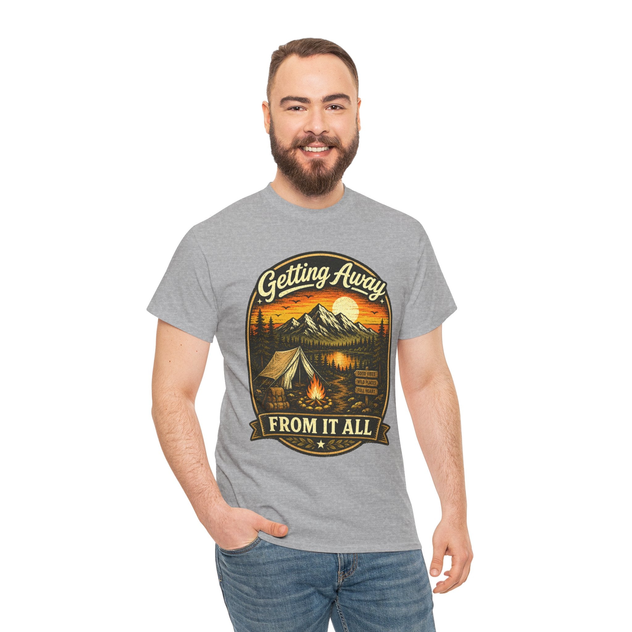 Getting Away From It All Camping T Shirt – Vintage Mountain Campfire Graphic Tee for Outdoor Lovers