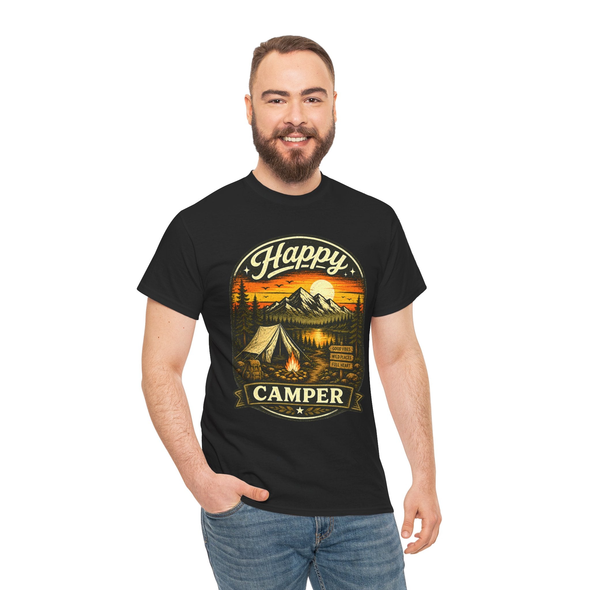 Happy Camper T Shirt – Vintage Camping Graphic Tee for Hikers & Outdoor Adventure Lovers