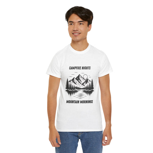Campfire Nights Mountain Mornings T Shirt – Vintage Hiking Camping Mountain Graphic Tee