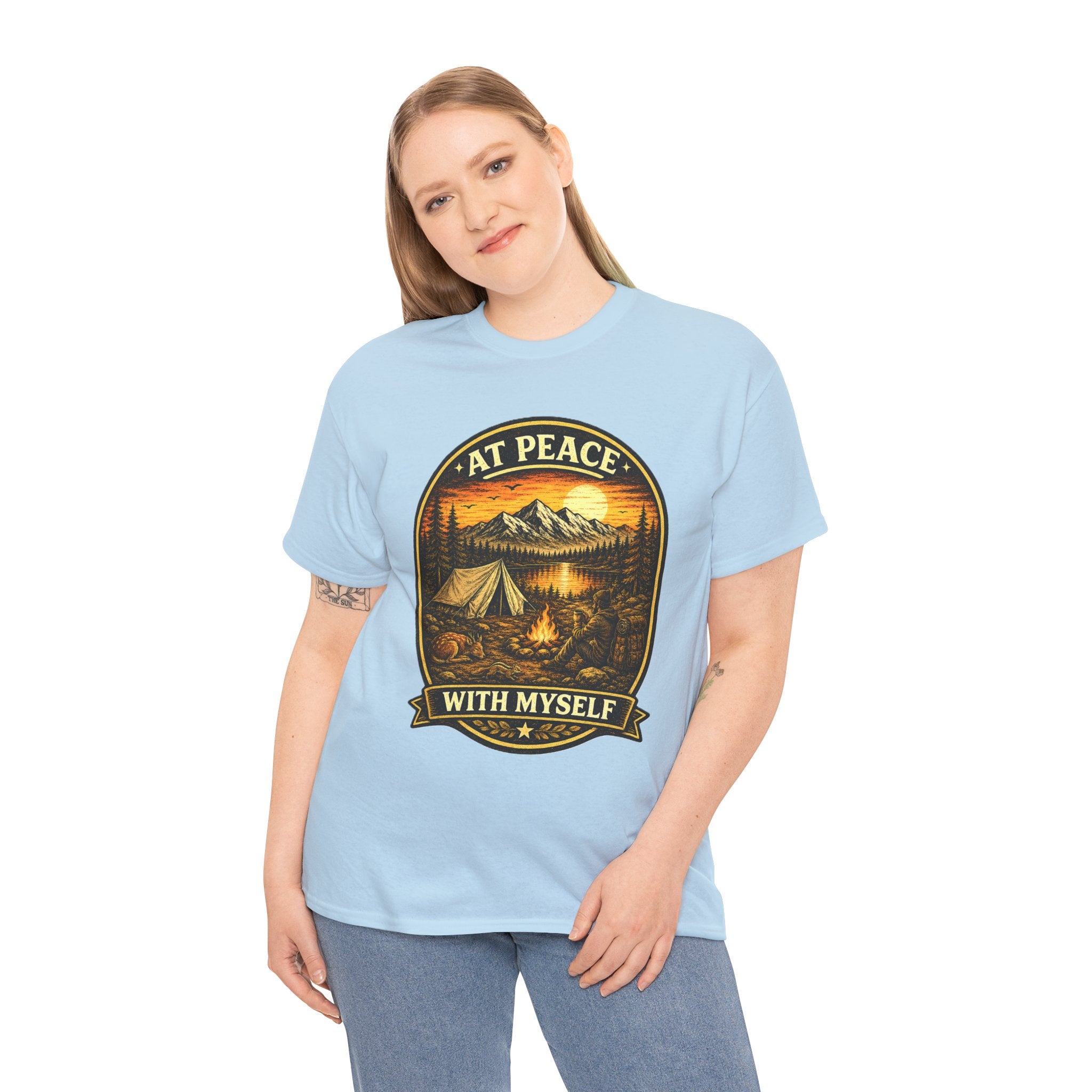 At Peace With Myself Camping T Shirt – Vintage Mountain Campfire Outdoor Graphic Tee