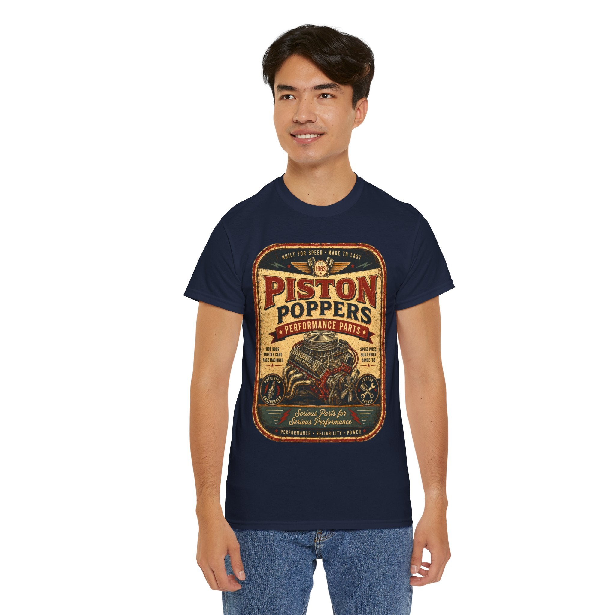 Piston Poppers Vintage Car T-Shirt – Retro Hot Rod Mechanic Graphic Tee for Car Enthusiasts