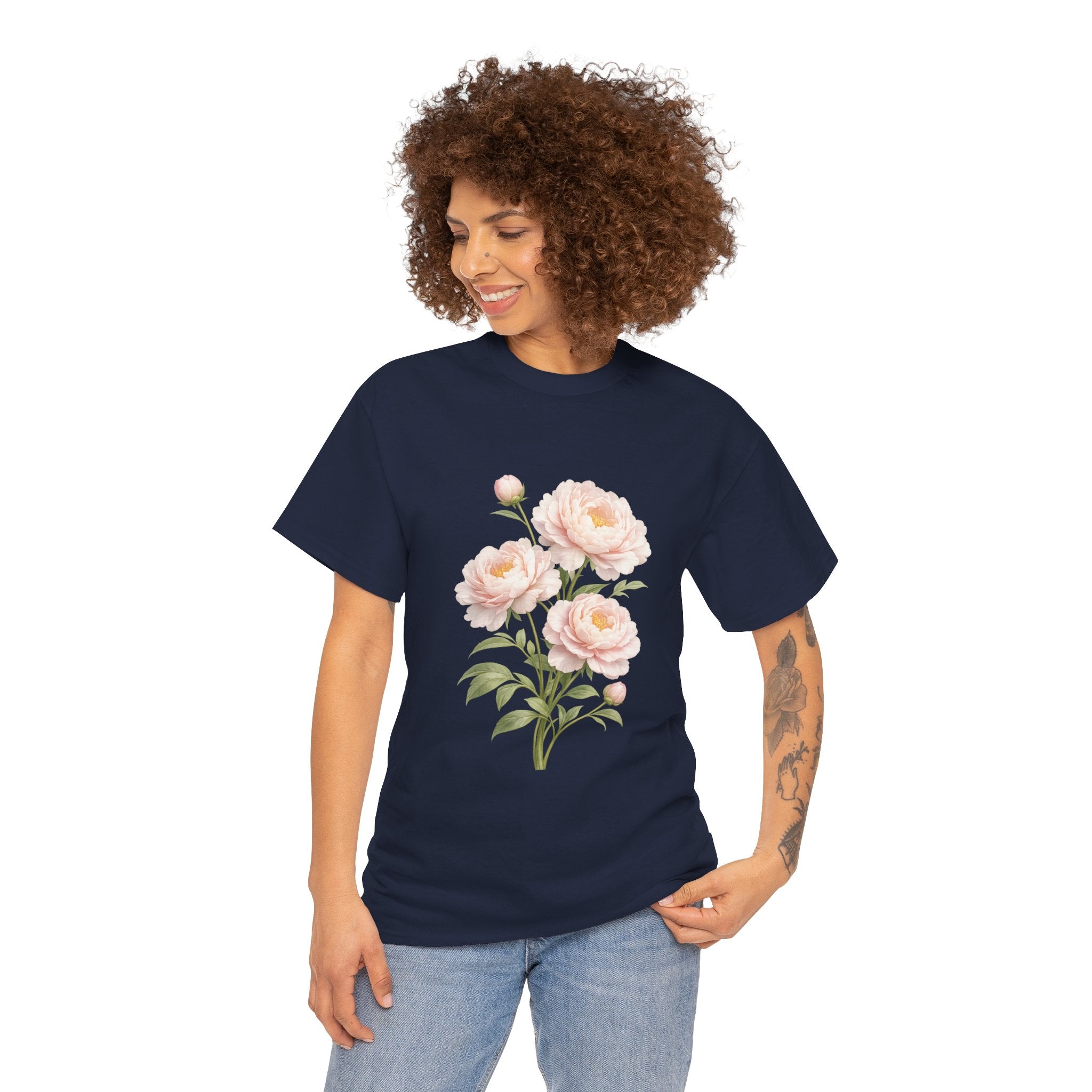 Soft Pink Peony Flower T-Shirt – Vintage Botanical Floral Graphic Tee for Women