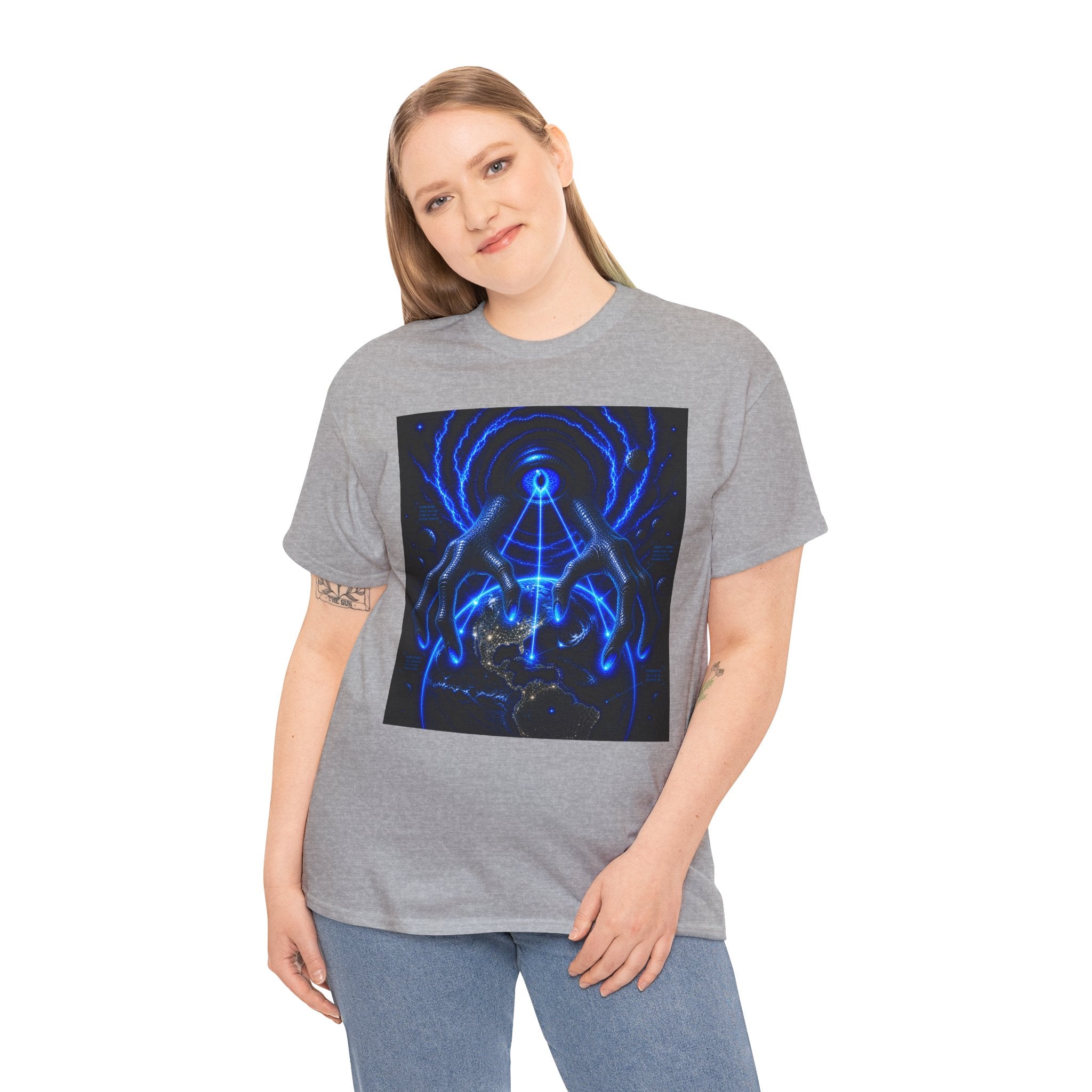 Sci Fi Cosmic Alien Grab T Shirt – Neon Blue Mystic Eye Graphic Tee