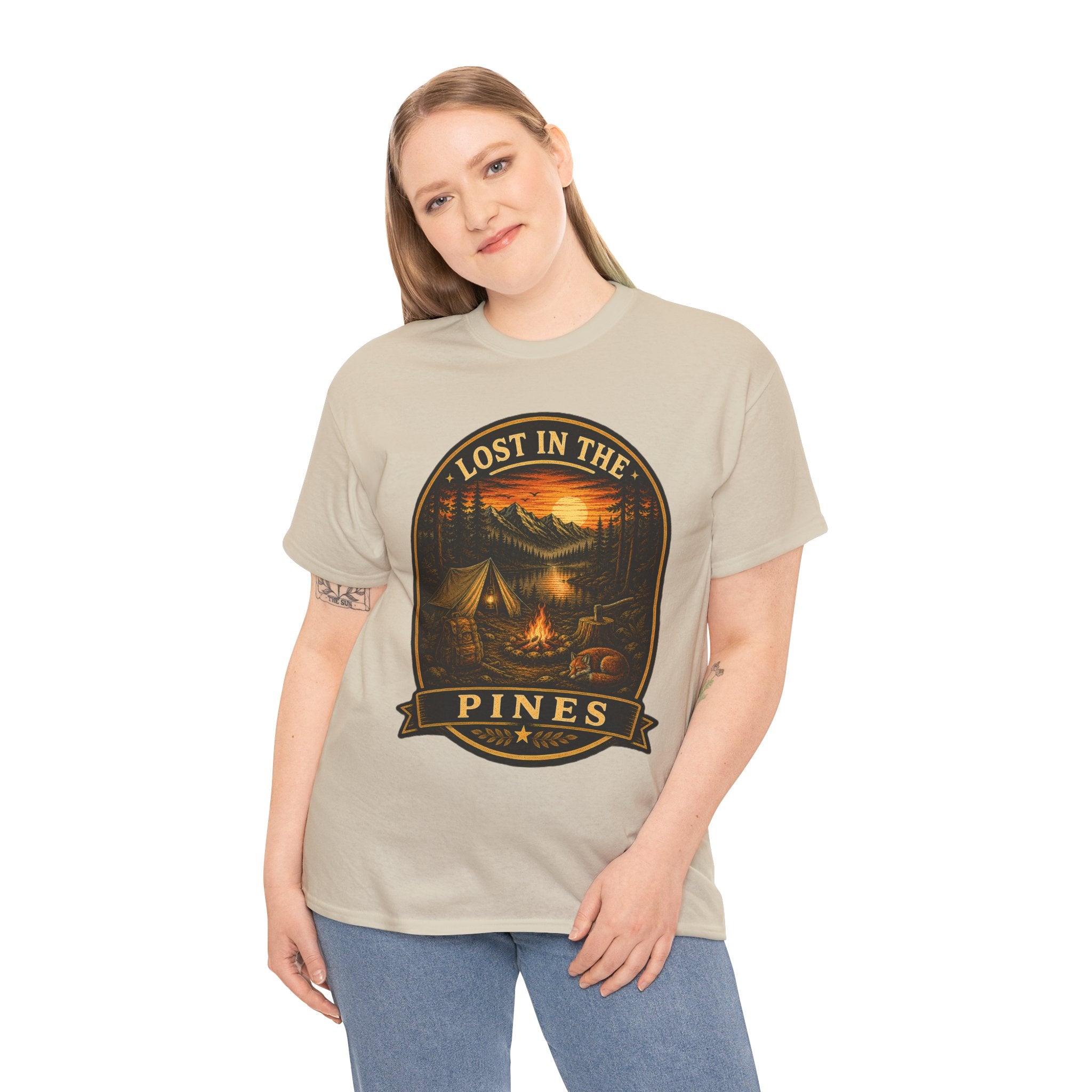 Lost in the Pines Camping T Shirt – Vintage Campfire Mountain Outdoor Graphic Tee