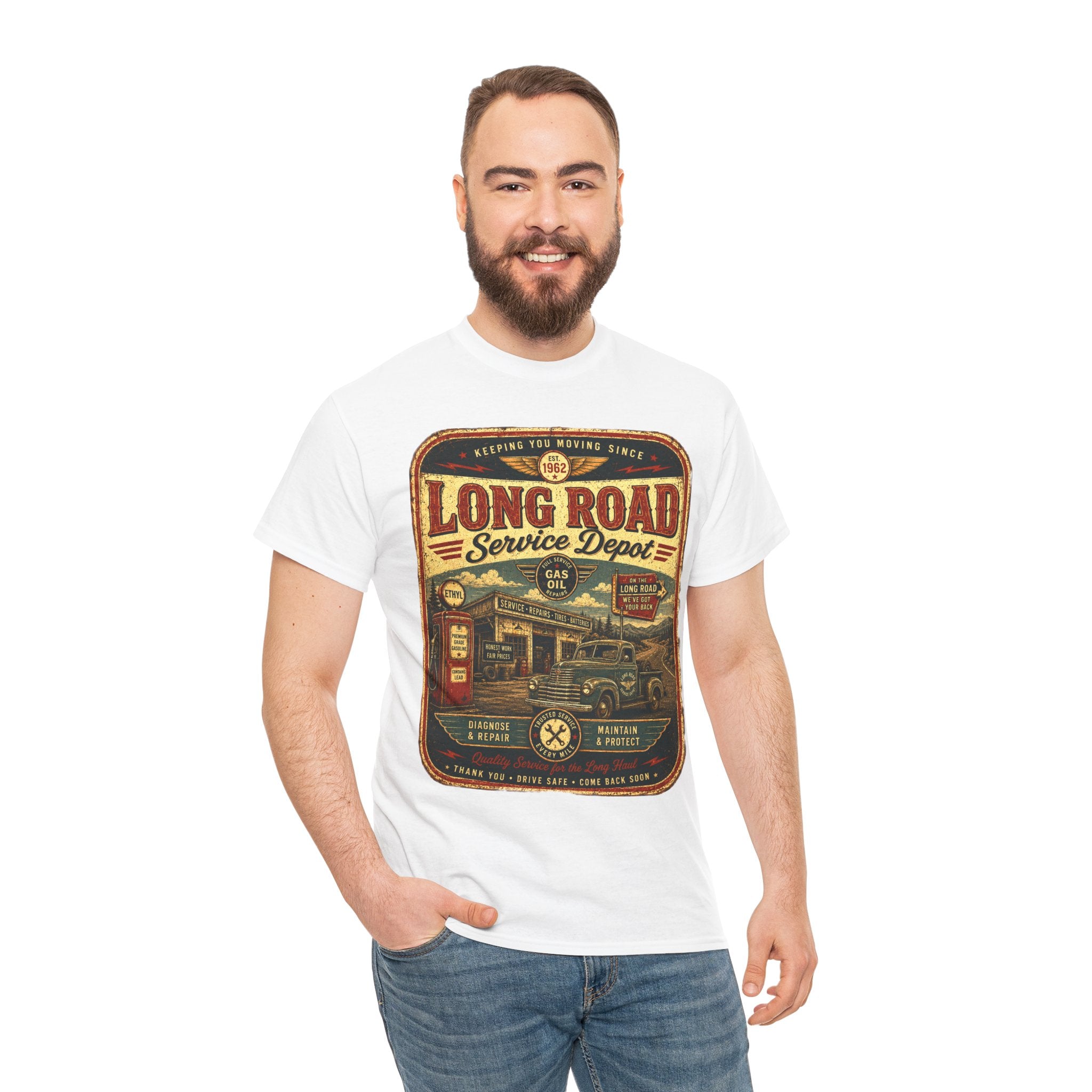 Long Road Service Depot Vintage Gas Station T Shirt – Retro Garage Graphic Tee for Car Lovers