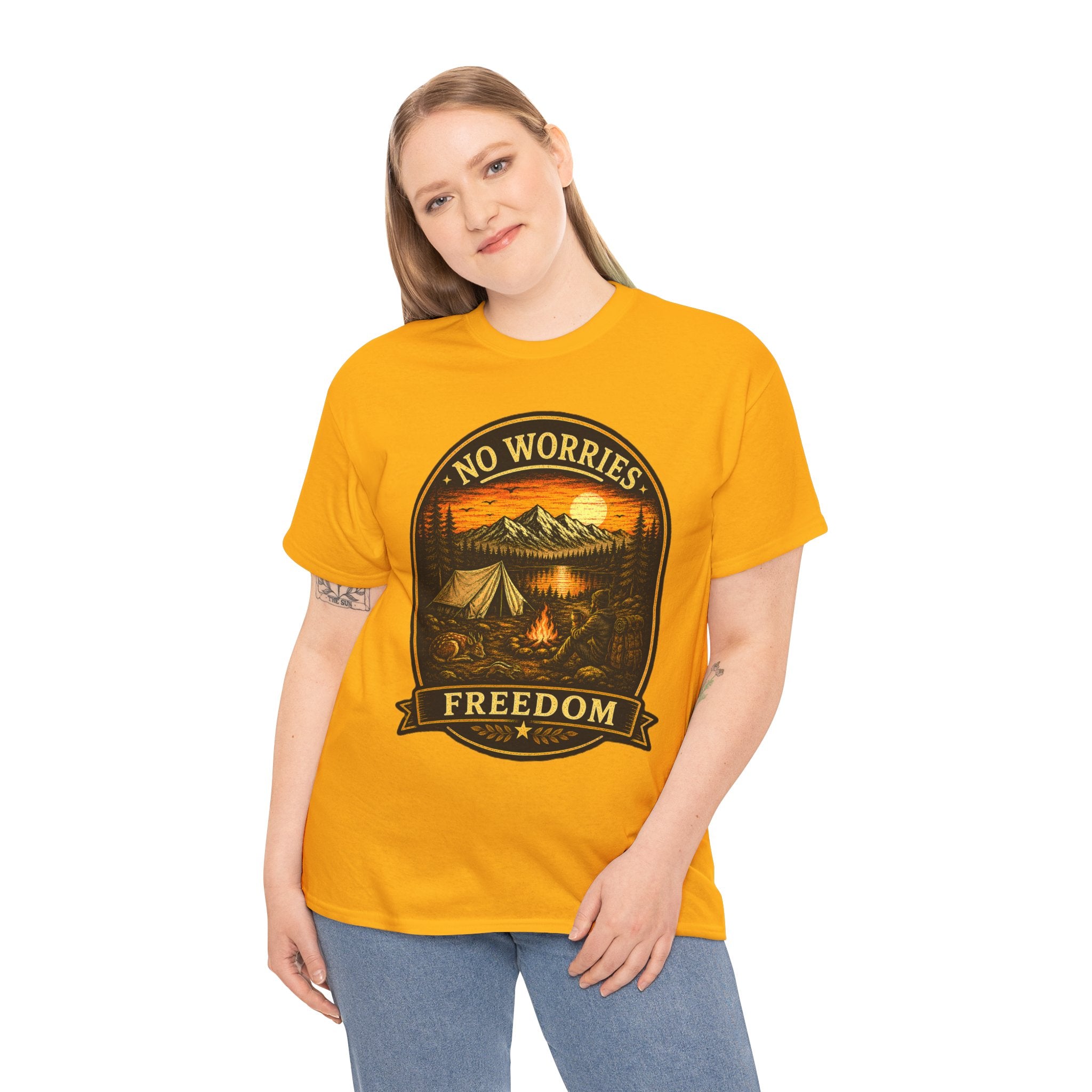 No Worries Freedom Camping T Shirt – Vintage Mountain Campfire Outdoor Graphic Tee