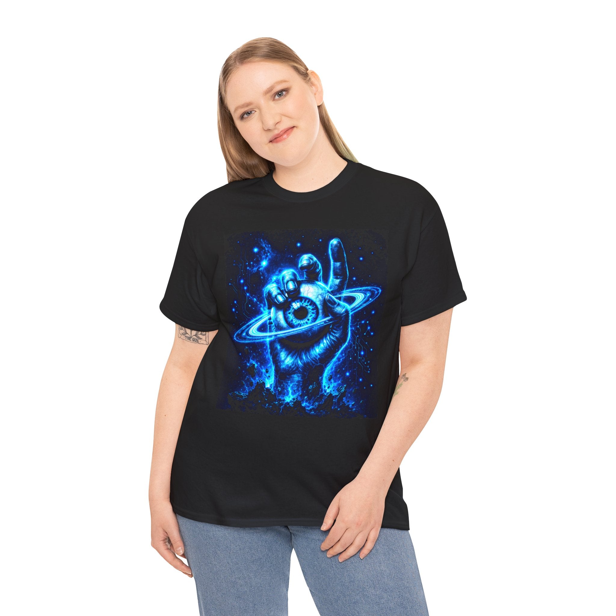 Sci Fi Cosmic Hand Planet Eye T Shirt – Neon Blue Space Graphic Tee