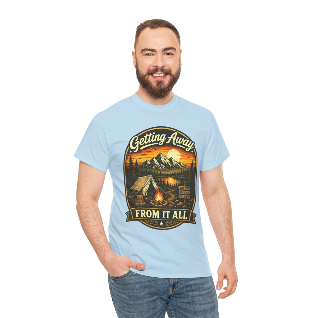 Getting Away From It All Camping T Shirt – Vintage Mountain Campfire Graphic Tee for Outdoor Lovers