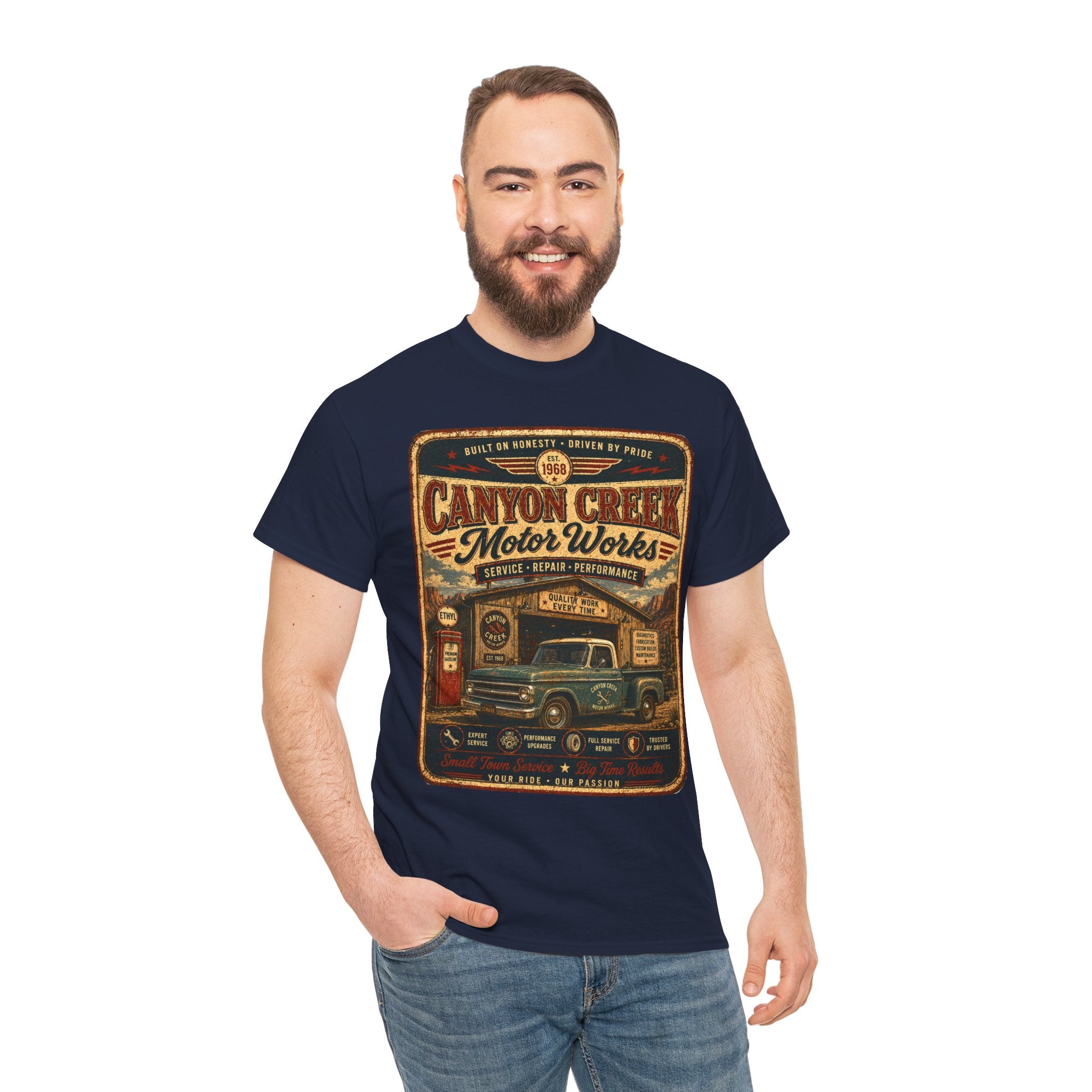 Canyon Creek Motor Works Vintage Mechanic T Shirt – Retro Pickup Truck Graphic Tee