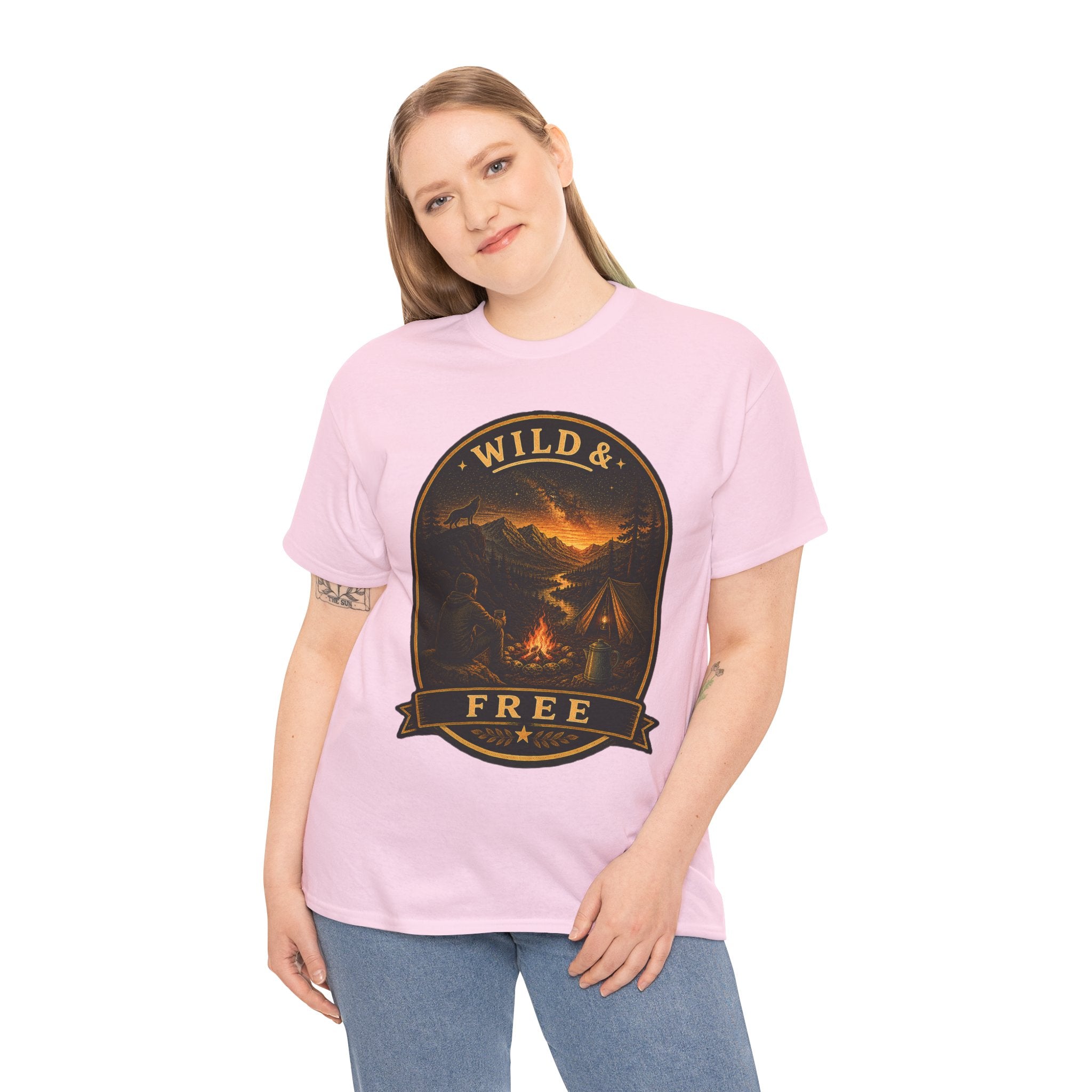 Wild & Free Camping T Shirt – Vintage Outdoor Adventure Graphic Tee with Campfire & Mountain Design