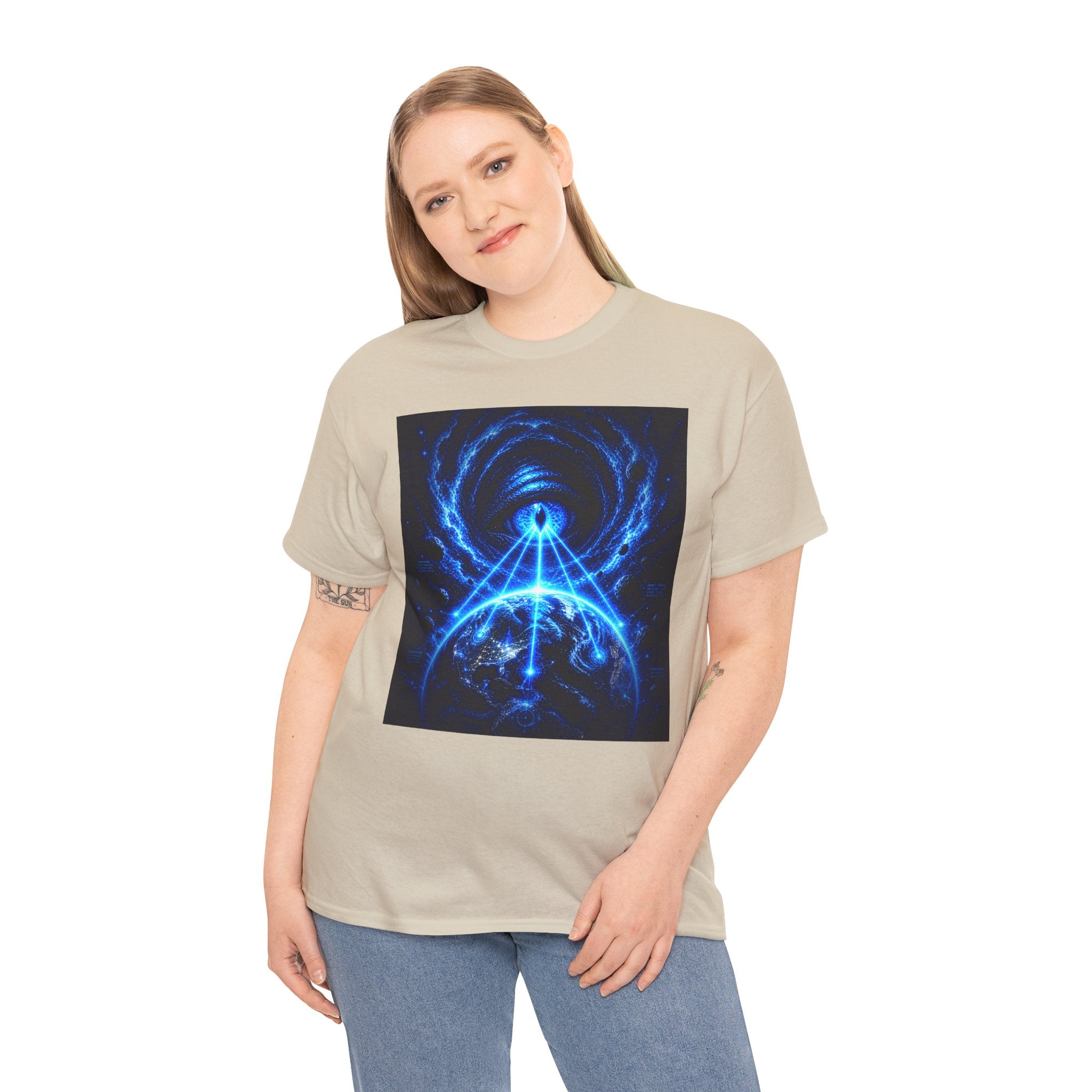 Sci Fi Cosmic Alien Scanning Eye T Shirt – Electric Blue Arcane Symbol Graphic Tee