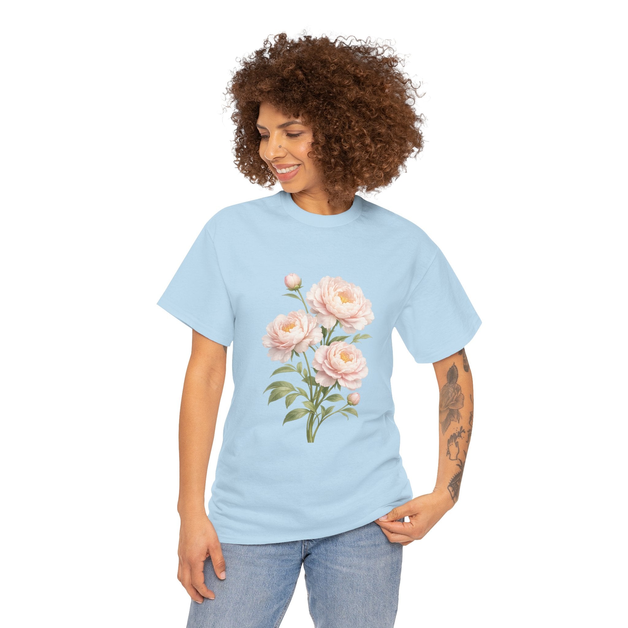 Soft Pink Peony Flower T-Shirt – Vintage Botanical Floral Graphic Tee for Women