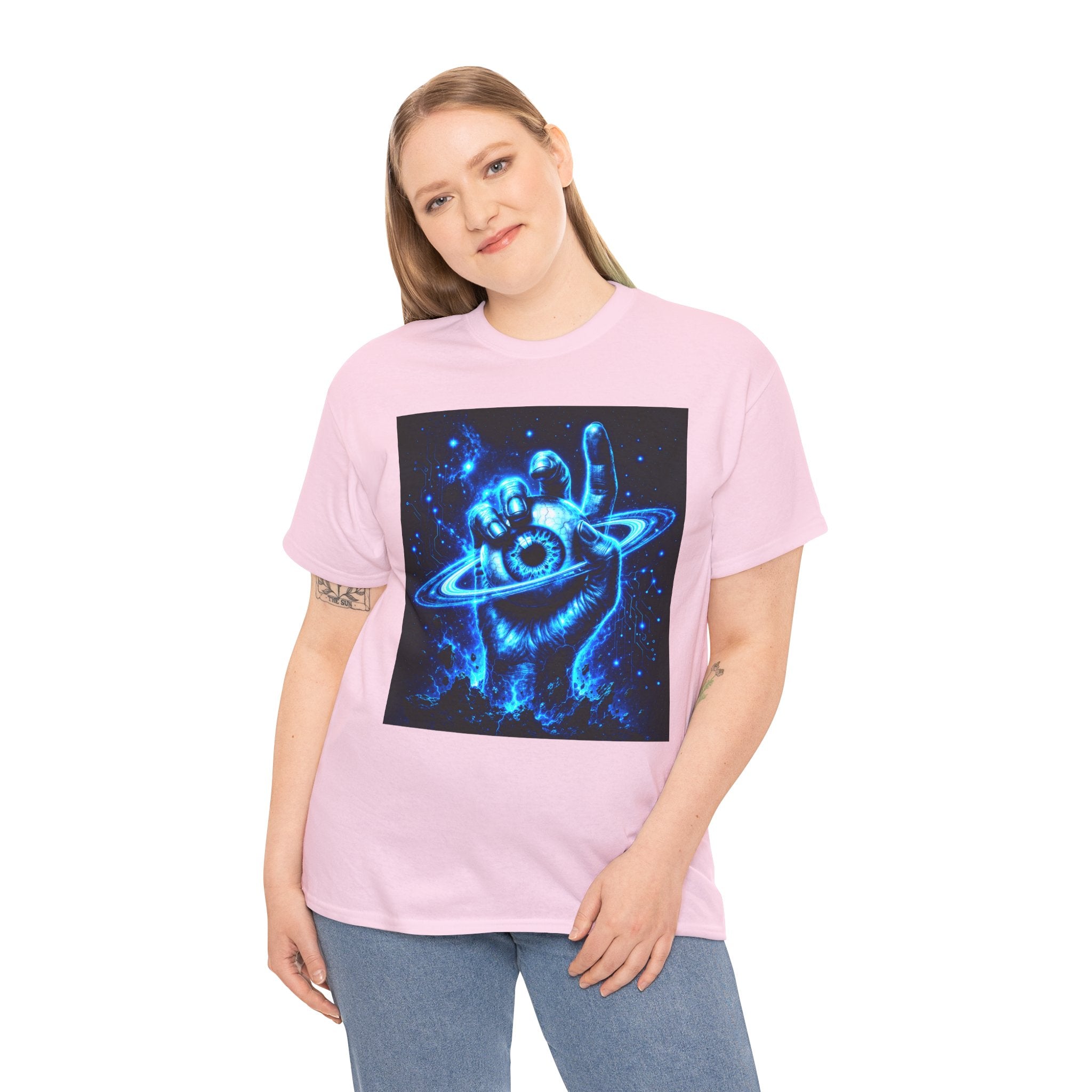 Sci Fi Cosmic Hand Planet Eye T Shirt – Neon Blue Space Graphic Tee