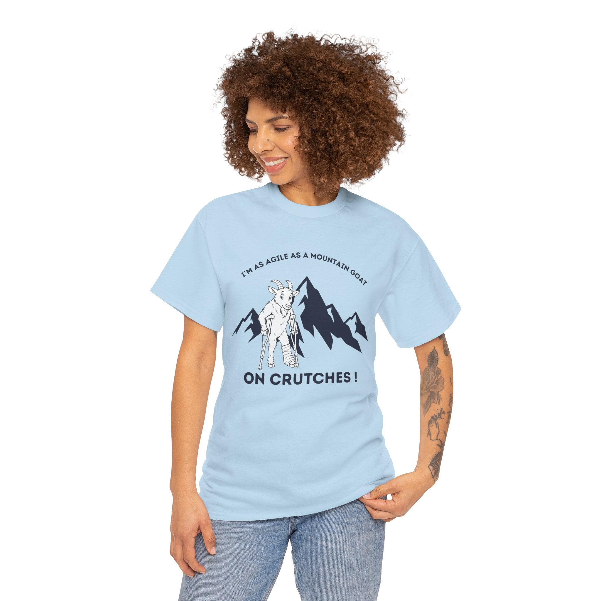 Funny Mountain Goat On Crutches T Shirt – Hiking Recovery Graphic Tee for Campers & Outdoor Lovers