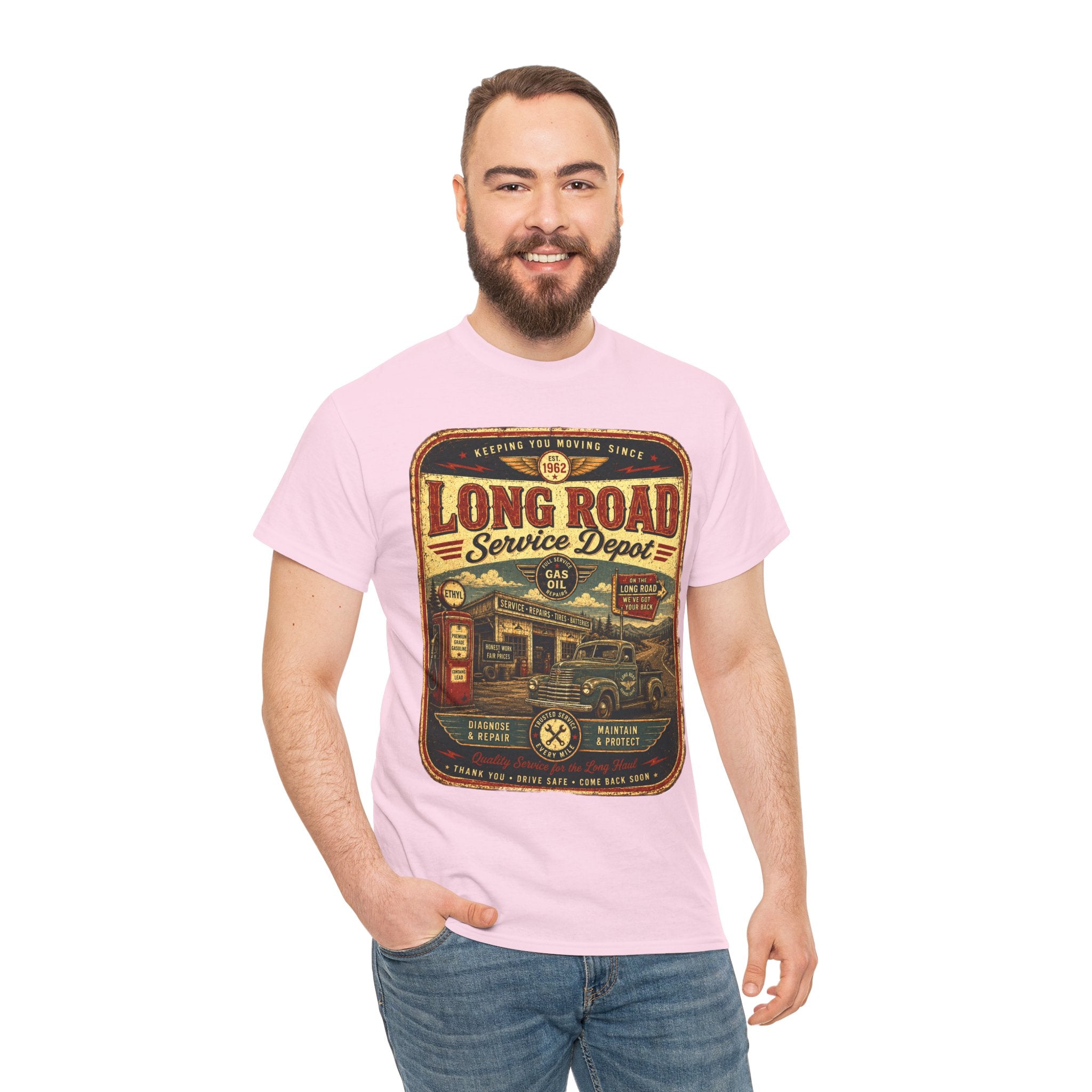 Long Road Service Depot Vintage Gas Station T Shirt – Retro Garage Graphic Tee for Car Lovers