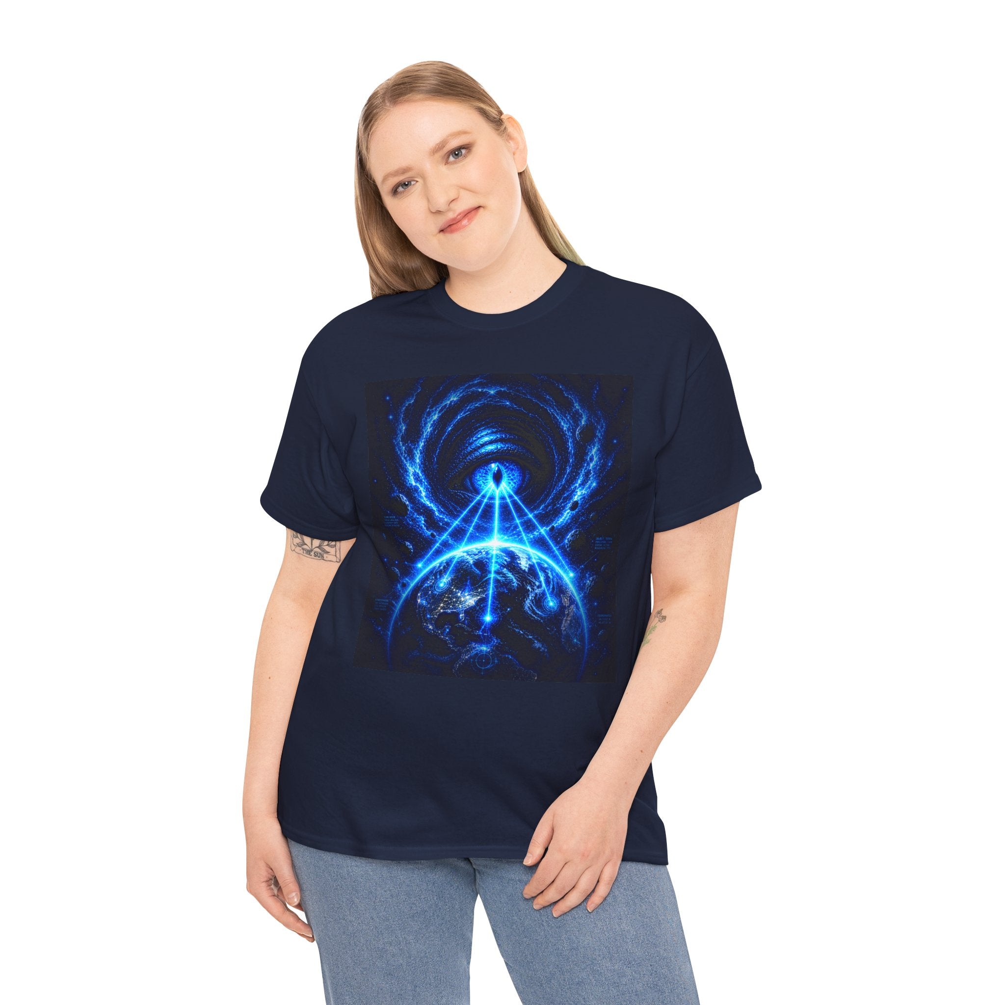 Sci Fi Cosmic Alien Scanning Eye T Shirt – Electric Blue Arcane Symbol Graphic Tee
