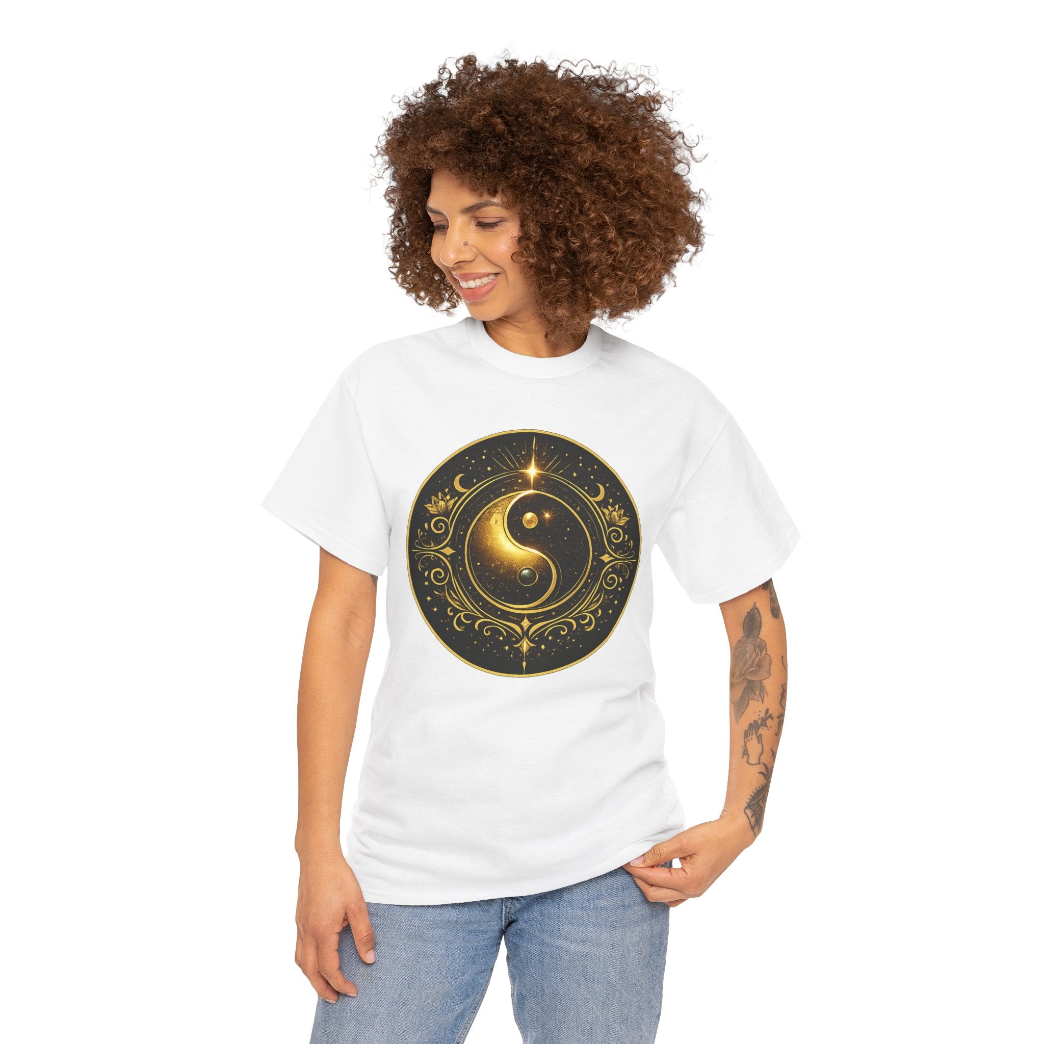 Balance & Harmony Yin Yang Illustration T-Shirt – Celestial Sacred Symbol Graphic Tee