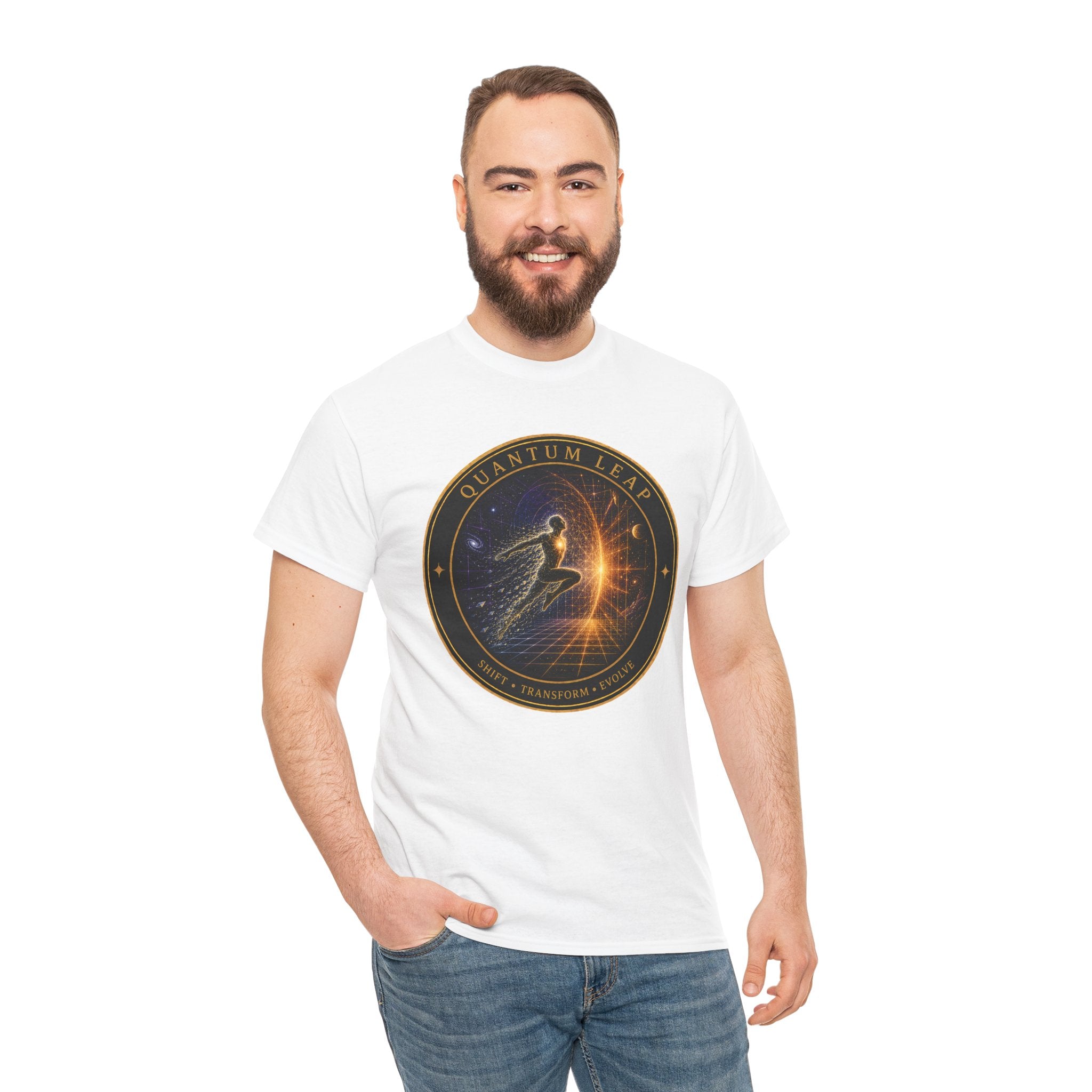 Quantum Leap Badge T-Shirt – Cosmic Transformation Graphic Tee
