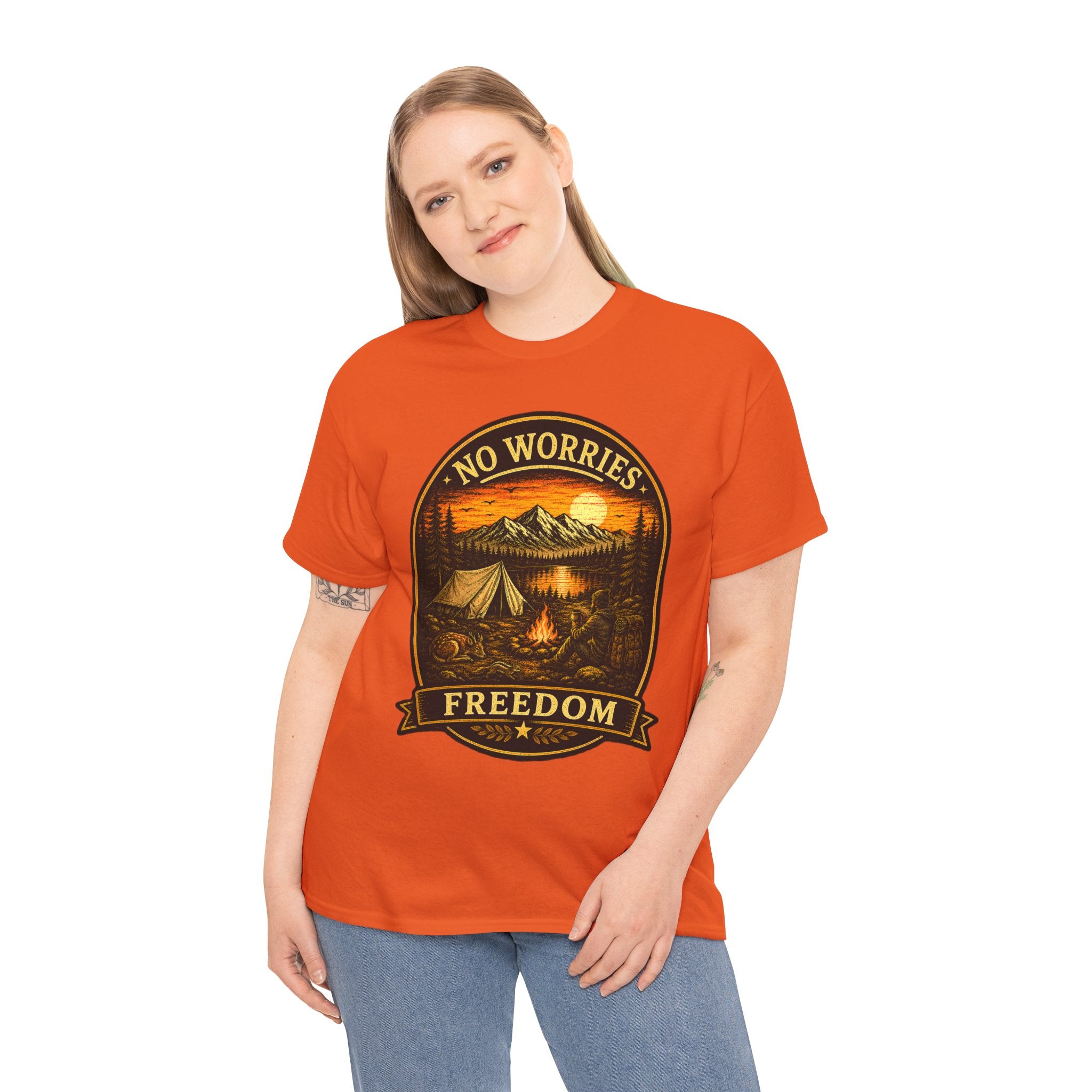 No Worries Freedom Camping T Shirt – Vintage Mountain Campfire Outdoor Graphic Tee