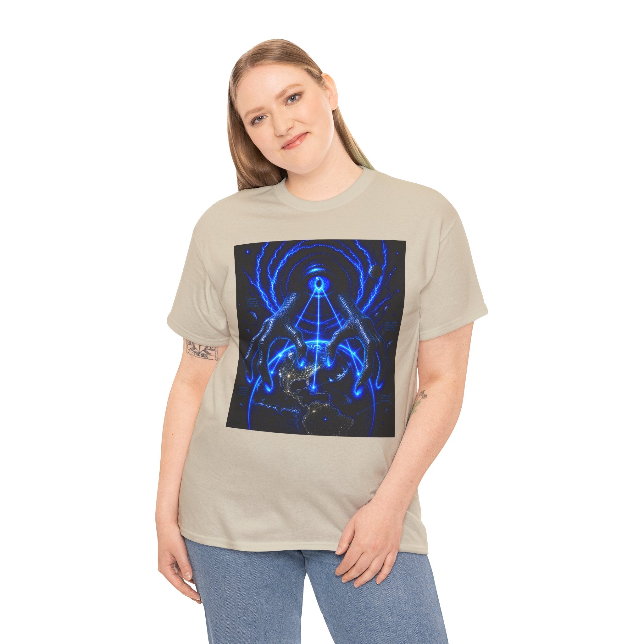 Sci Fi Cosmic Alien Grab T Shirt – Neon Blue Mystic Eye Graphic Tee