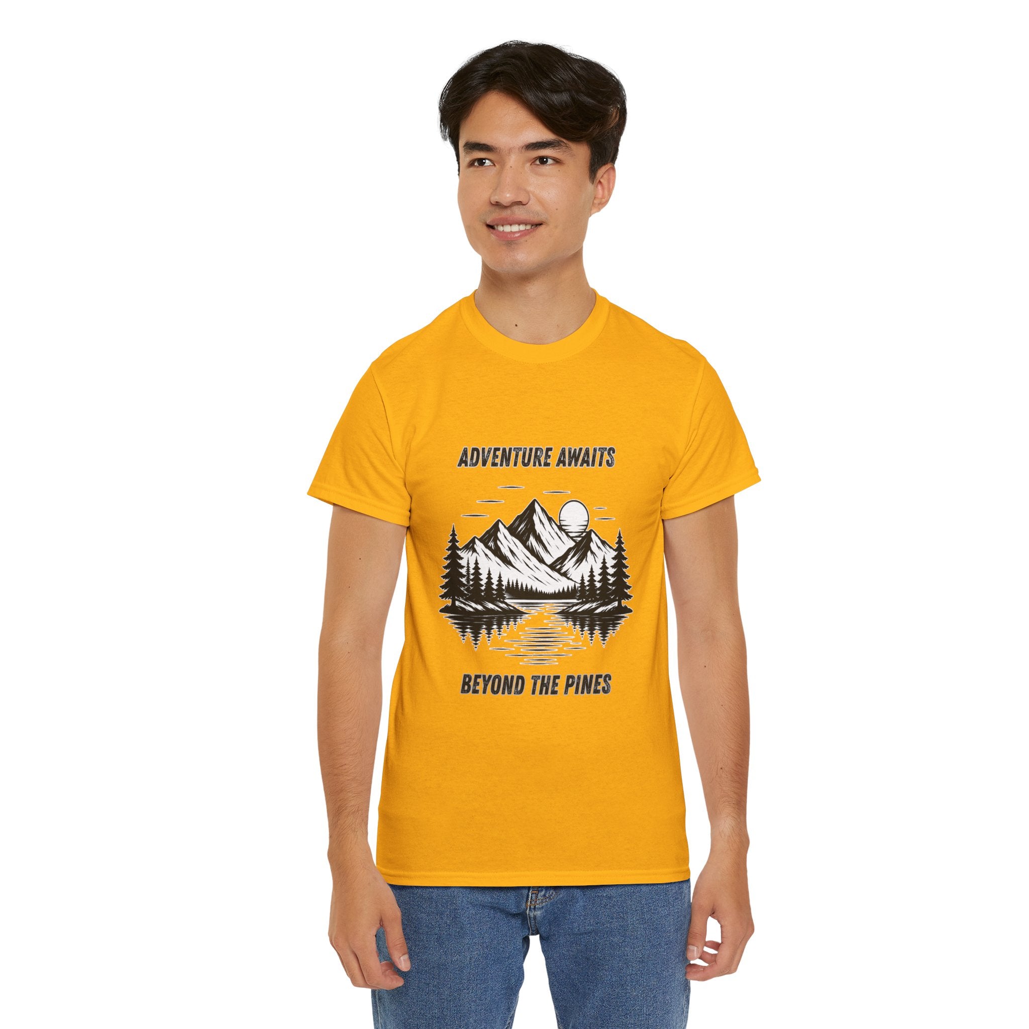 Adventure Awaits Beyond The Pines T Shirt – Mountain Lake Hiking Camping Graphic Tee