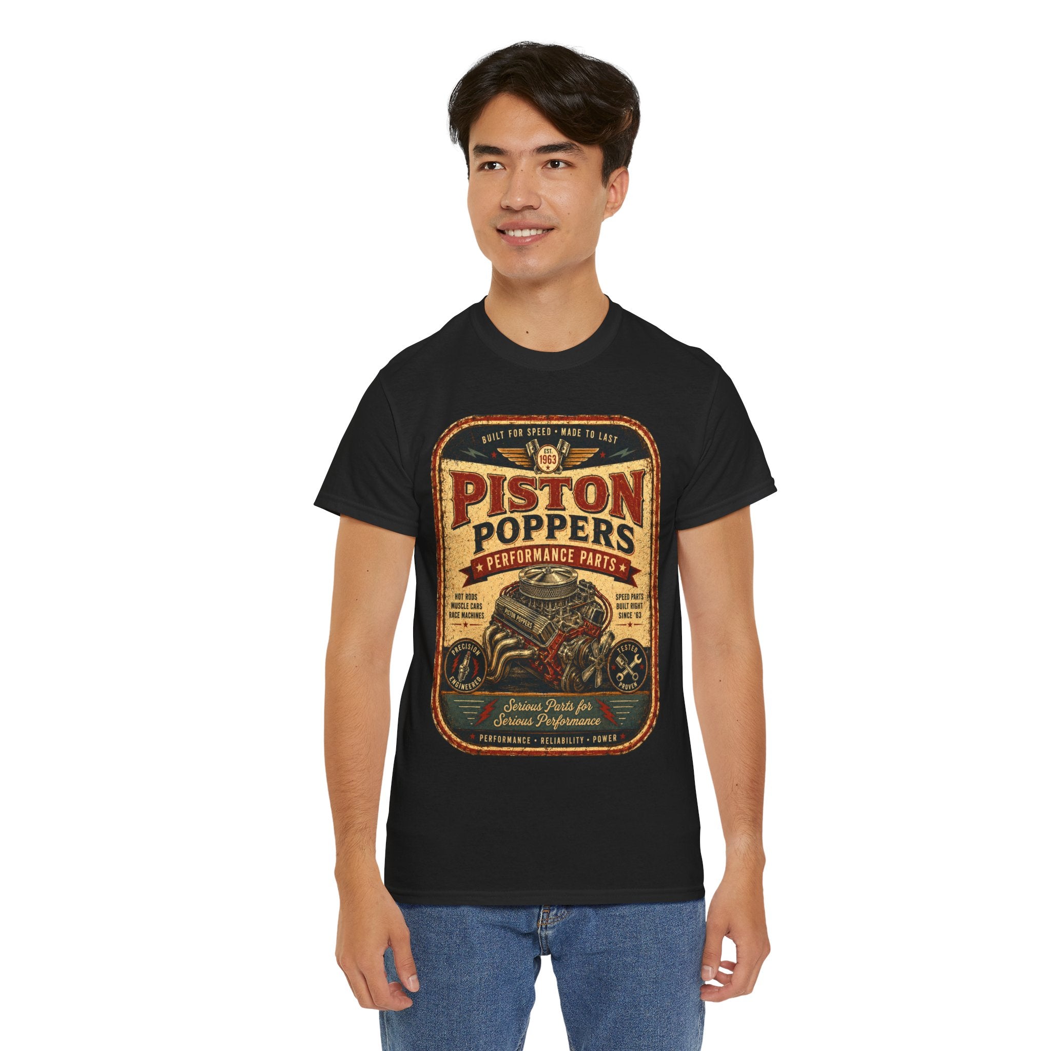 Piston Poppers Vintage Car T-Shirt – Retro Hot Rod Mechanic Graphic Tee for Car Enthusiasts