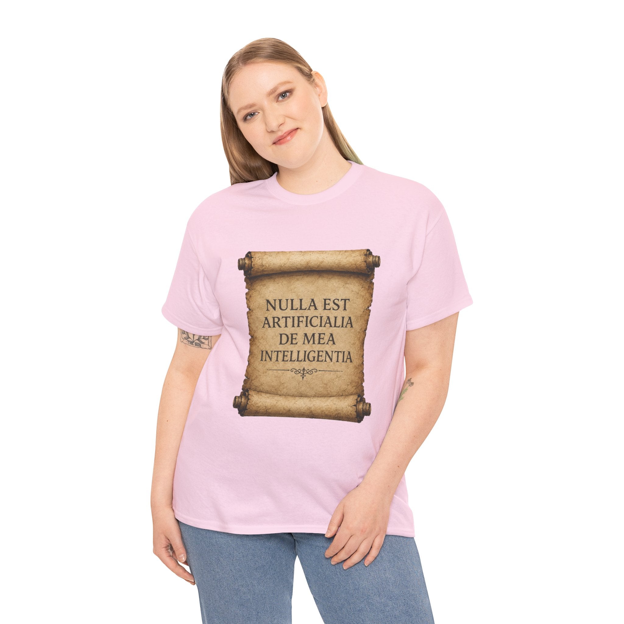 Latin Philosophy T Shirt – Nulla Est Artificialia De Mea Intelligentia Vintage Scroll Graphic Tee