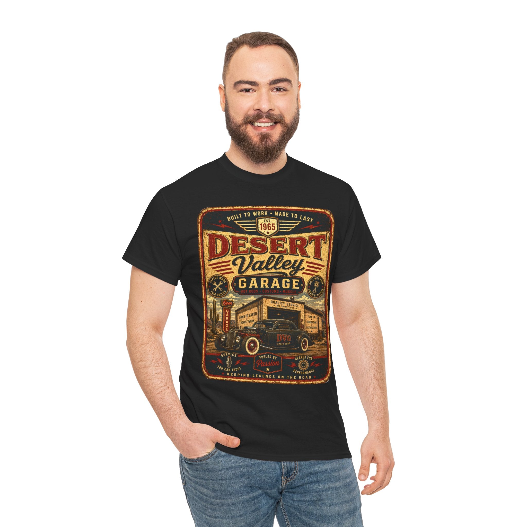 Desert Valley Garage Vintage Car T Shirt – Retro Hot Rod Garage Graphic Tee for Car Lovers