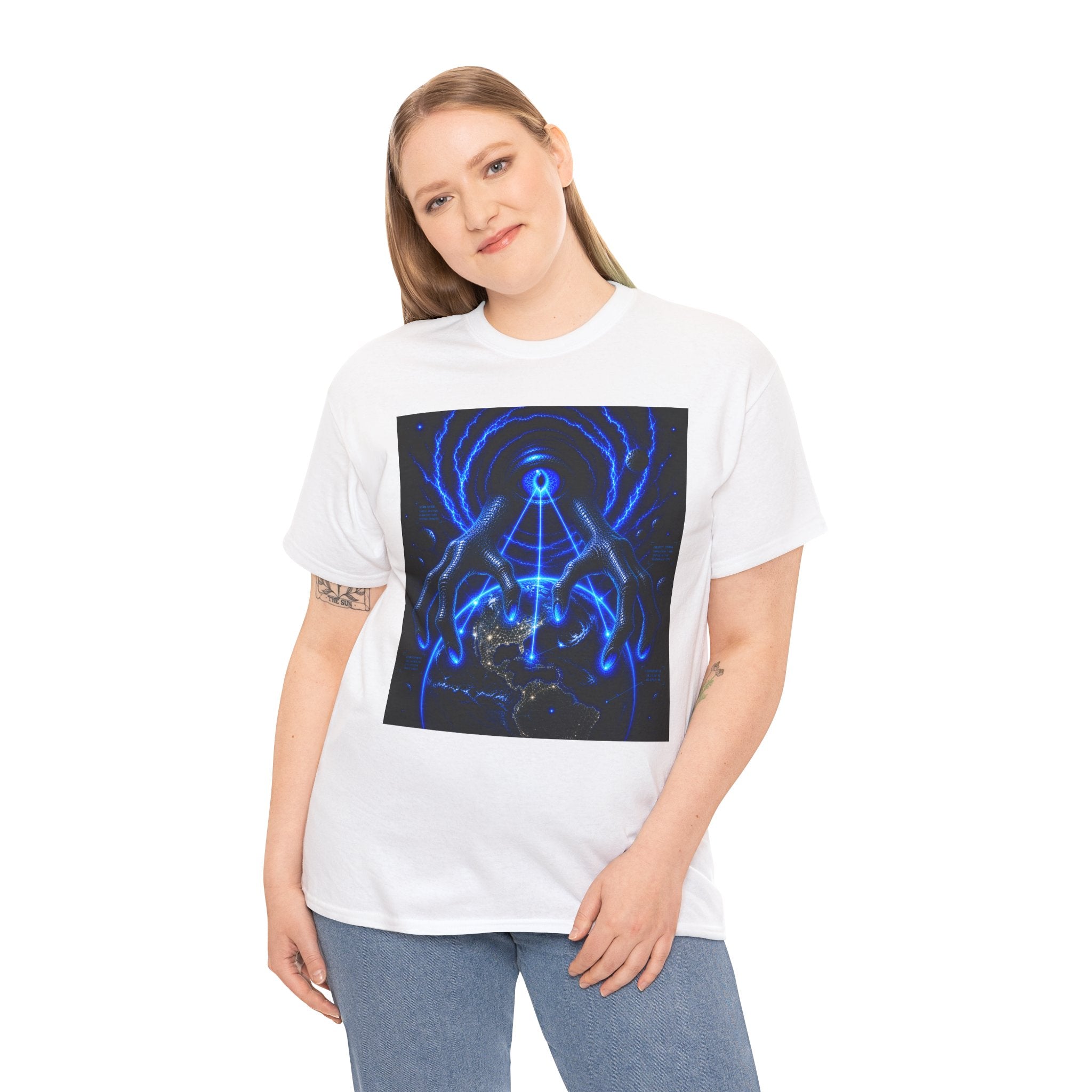 Sci Fi Cosmic Alien Grab T Shirt – Neon Blue Mystic Eye Graphic Tee